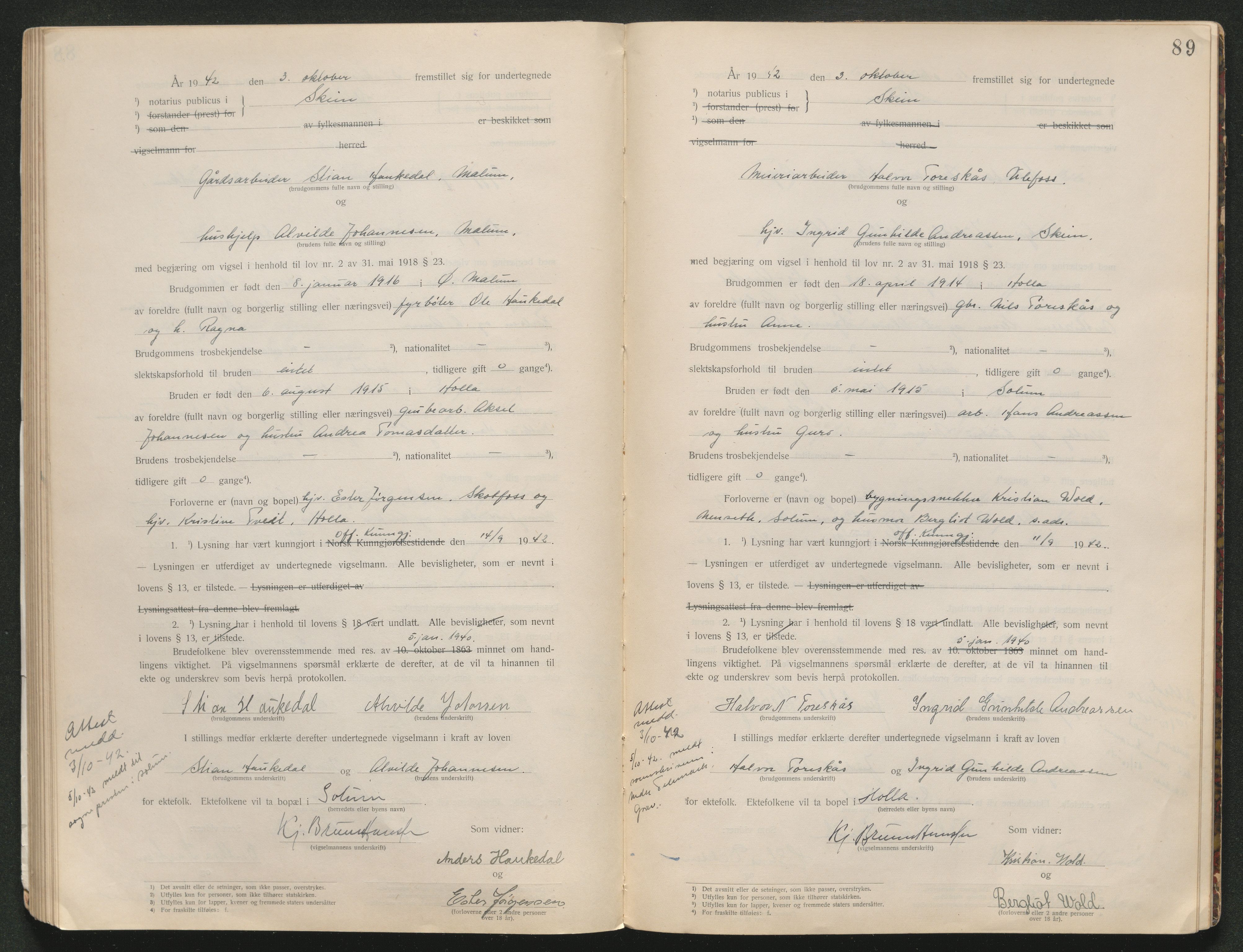 Skien sorenskriveri, AV/SAKO-A-225/L/La/L0001: Vigselsprotokoll, 1920-1947, s. 89