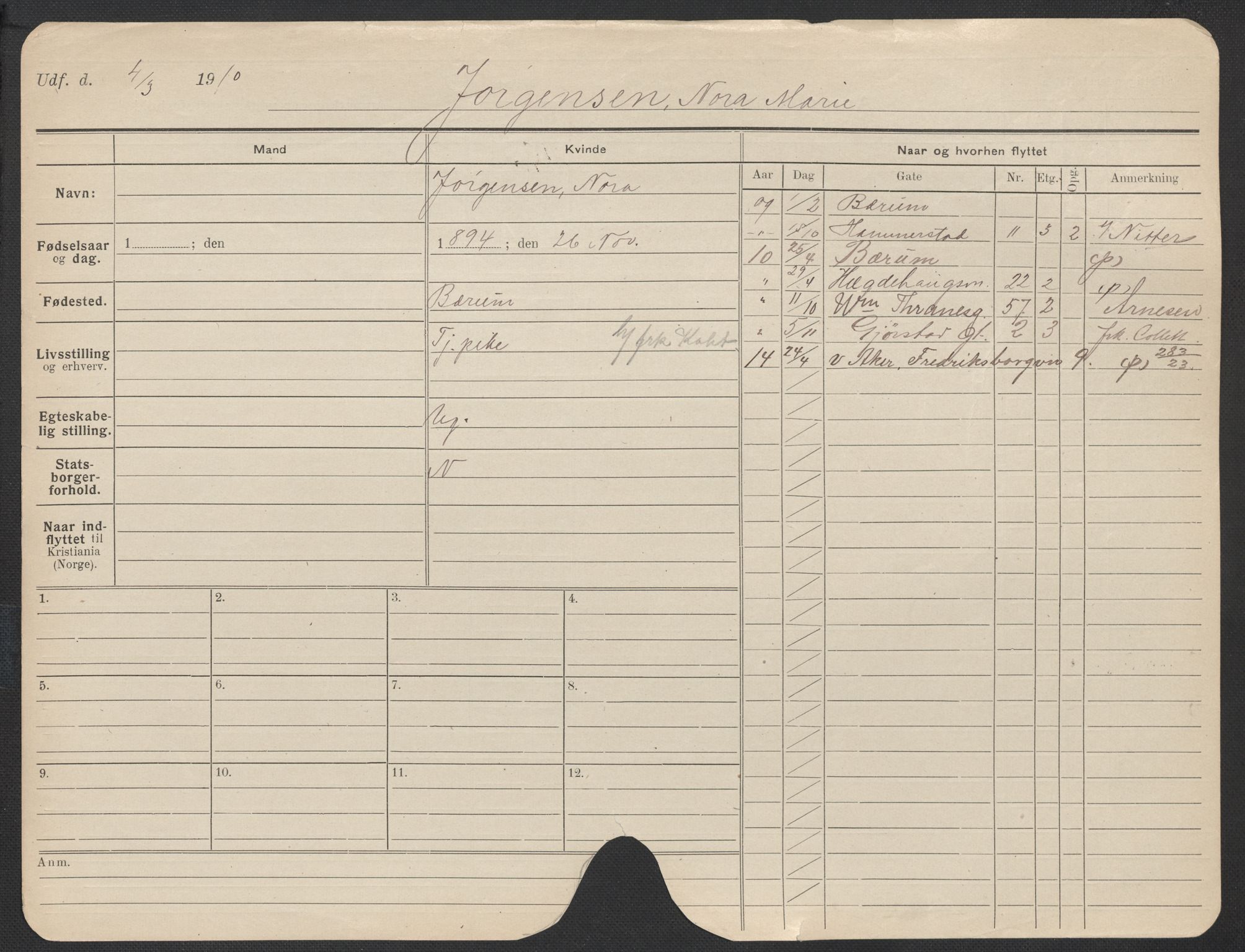 Oslo folkeregister, Registerkort, AV/SAO-A-11715/F/Fa/Fac/L0018: Kvinner, 1906-1914, s. 727a