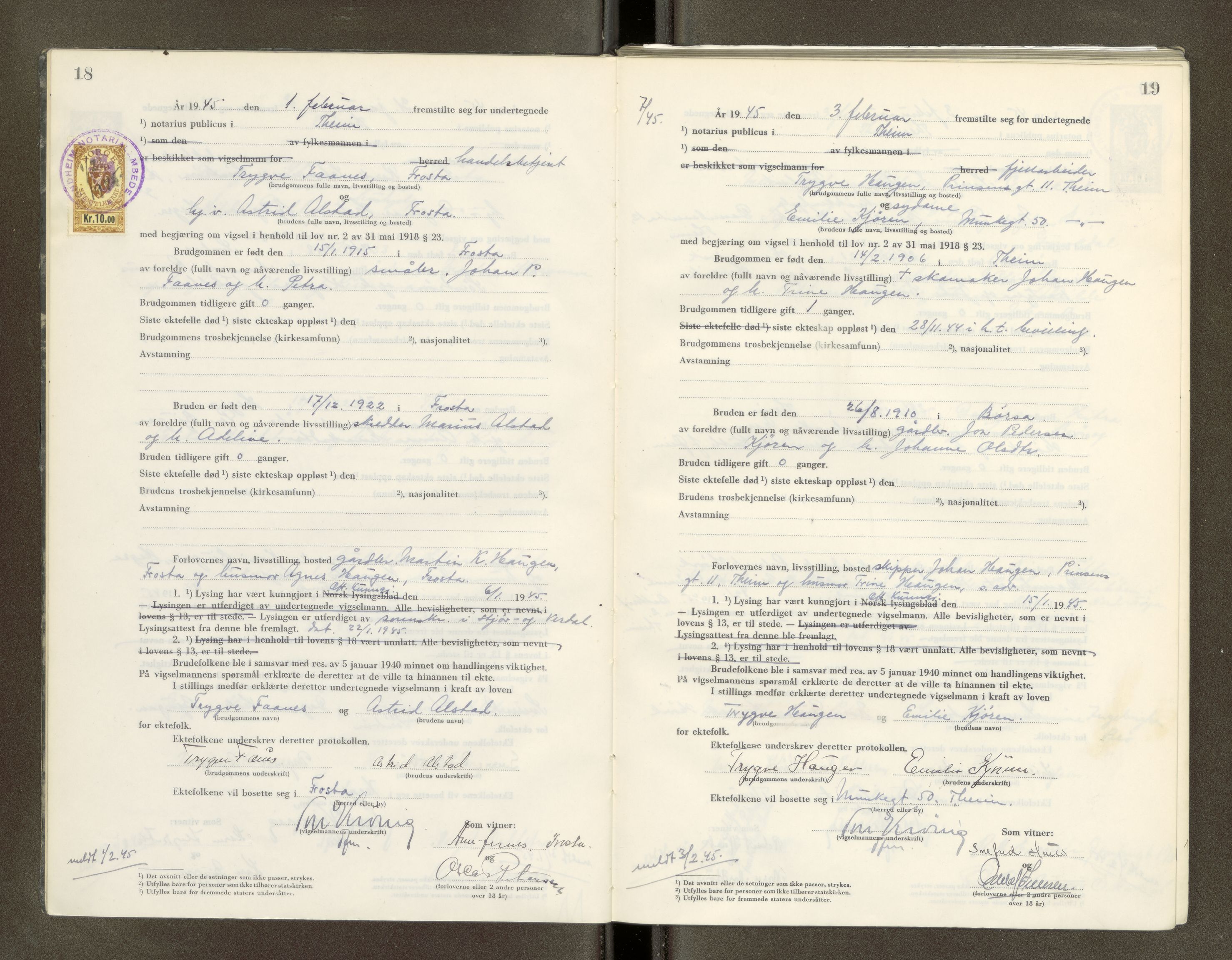 Trondheim byfogd, AV/SAT-A-0003/1/6/6D/L0005: Vigselbøker, 1944-1948, s. 18-19