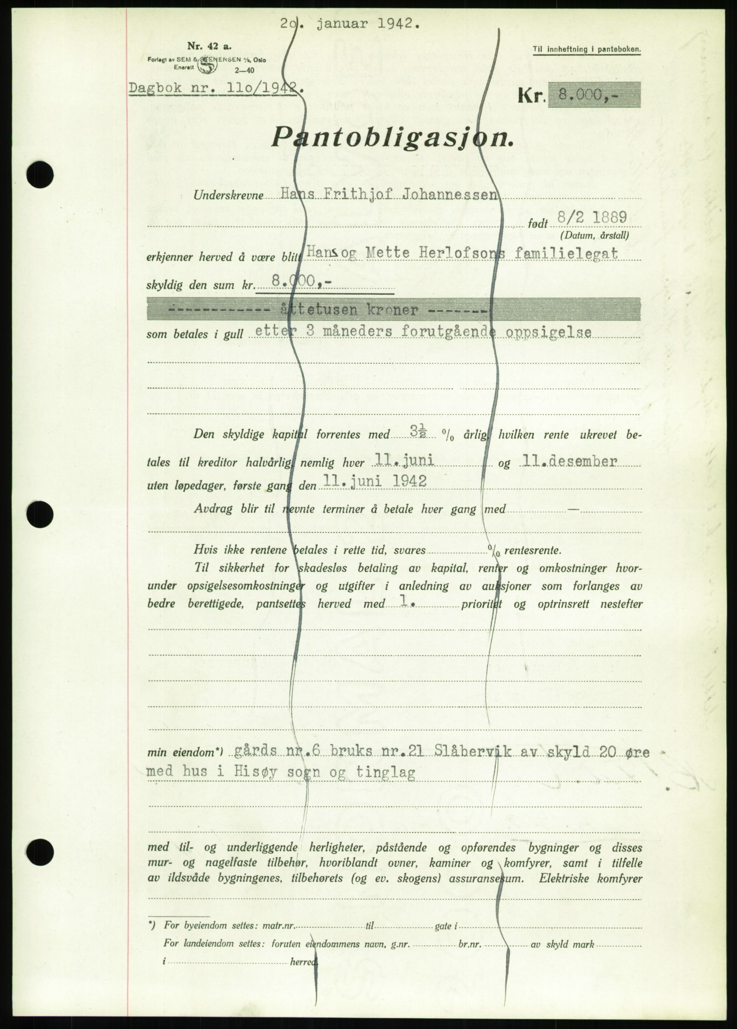 Nedenes sorenskriveri, SAK/1221-0006/G/Gb/Gbb/L0001: Pantebok nr. I, 1939-1942, Dagboknr: 110/1942