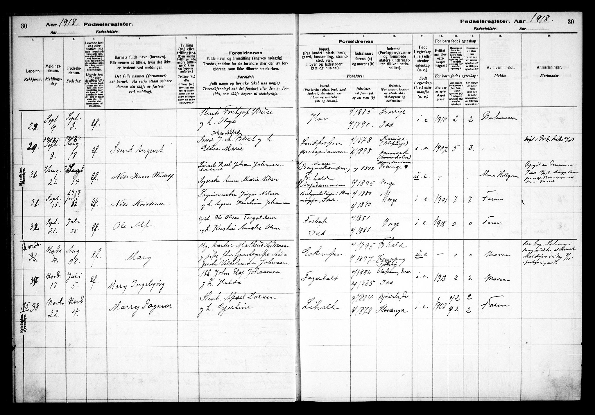 Idd prestekontor Kirkebøker, AV/SAO-A-10911/J/Ja/L0001: Fødselsregister nr. I 1, 1916-1937, s. 30