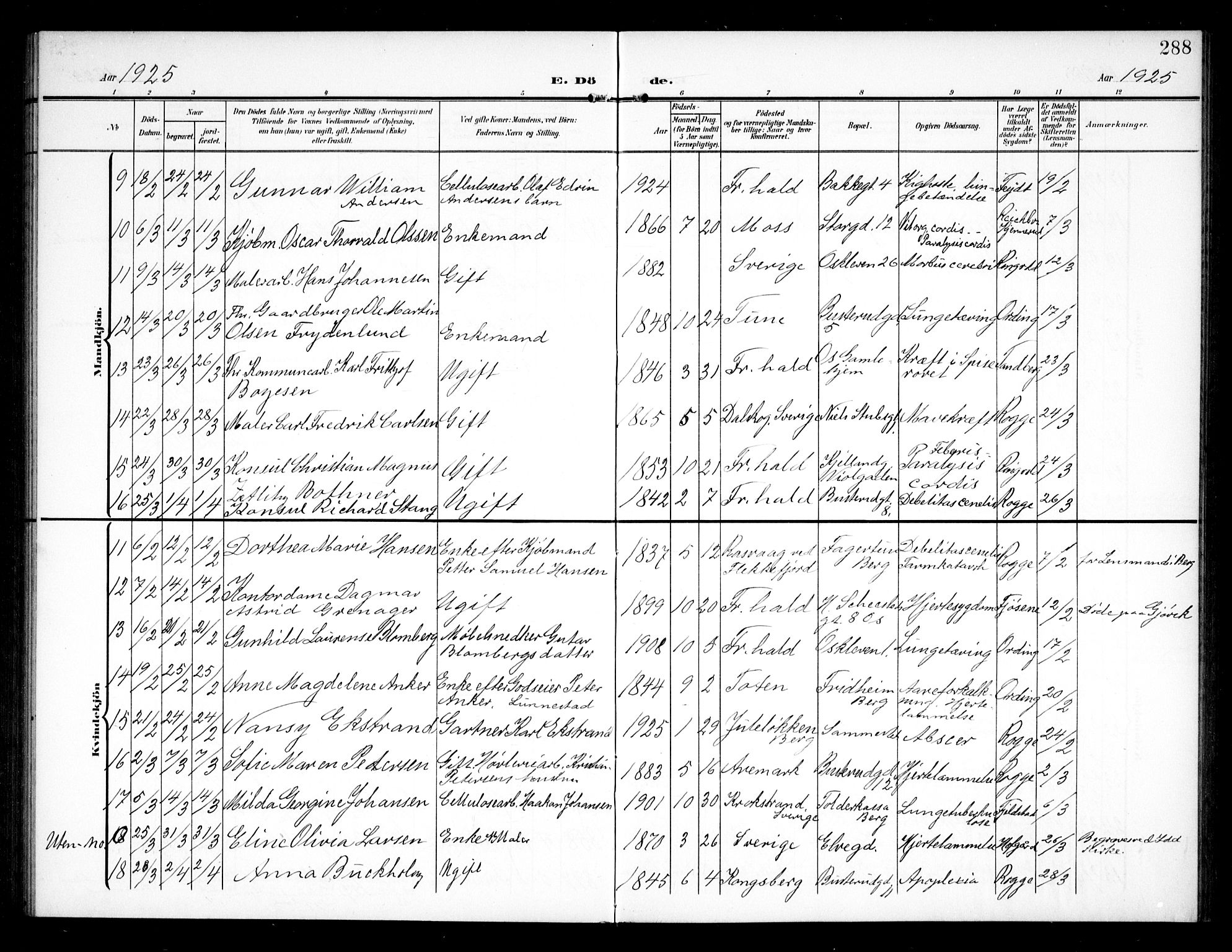 Halden prestekontor Kirkebøker, AV/SAO-A-10909/G/Ga/L0011: Klokkerbok nr. 11, 1906-1934, s. 288