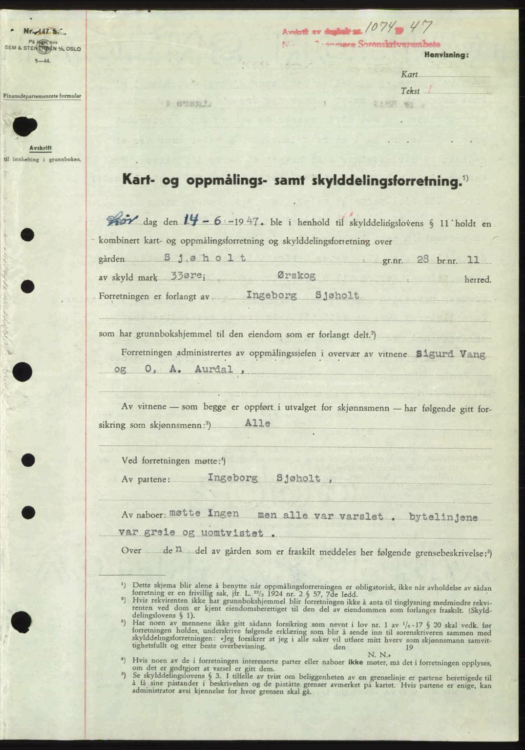 Nordre Sunnmøre sorenskriveri, SAT/A-0006/1/2/2C/2Ca: Pantebok nr. A24, 1947-1947, Dagboknr: 1074/1947