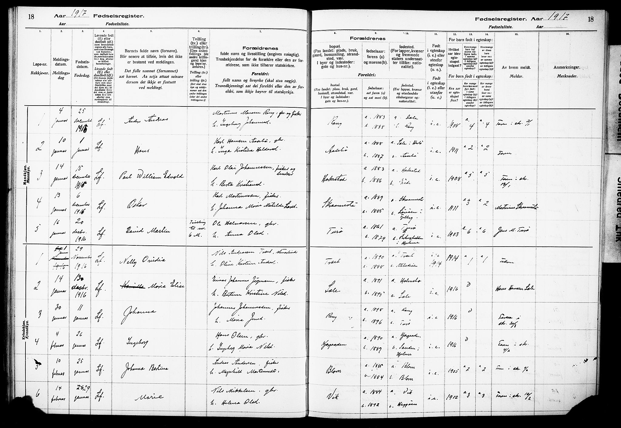 Herdla Sokneprestembete, AV/SAB-A-75701/I/Id/L00A1: Fødselsregister nr. A 1, 1916-1929, s. 18