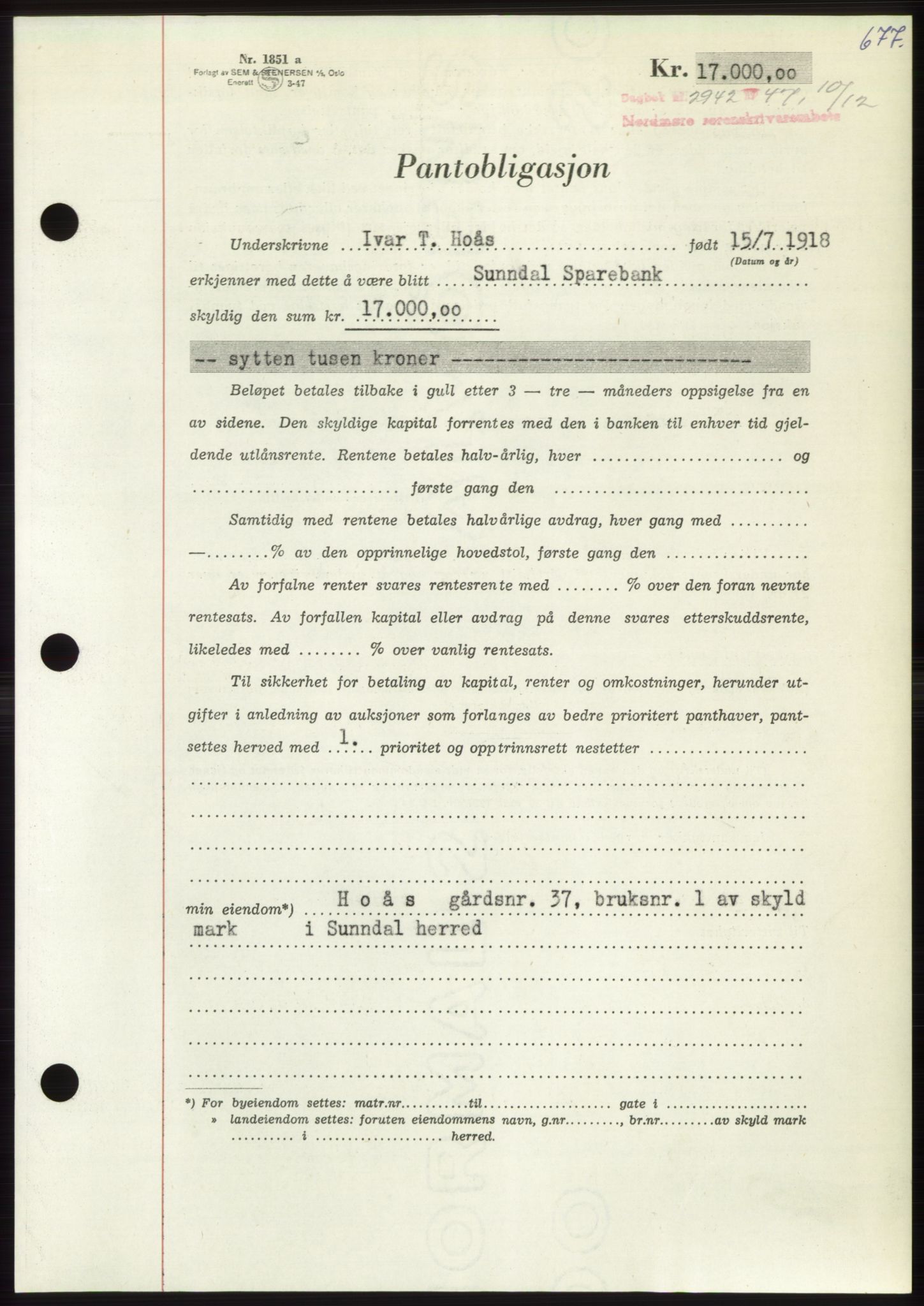 Nordmøre sorenskriveri, AV/SAT-A-4132/1/2/2Ca: Pantebok nr. B97, 1947-1948, Dagboknr: 2942/1947