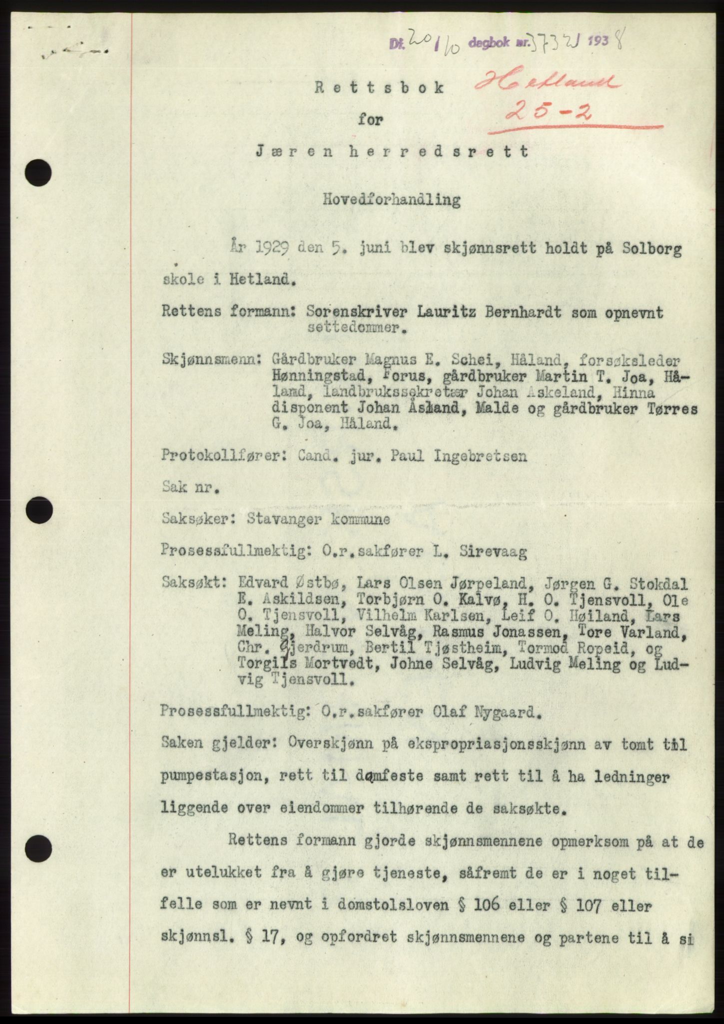 Jæren sorenskriveri, SAST/A-100310/03/G/Gba/L0072: Pantebok, 1938-1938, Dagboknr: 3732/1938