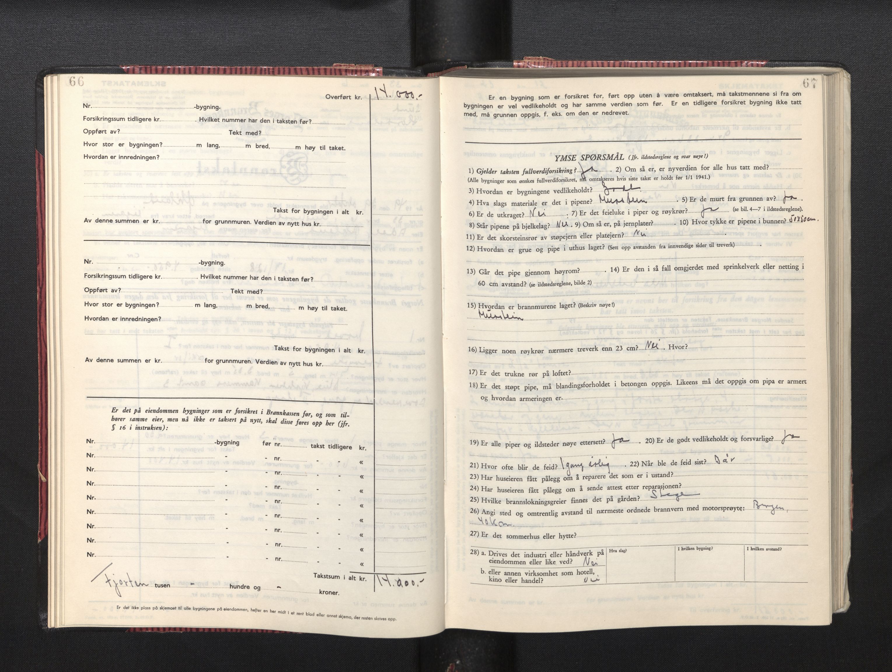 Lensmannen i Sund og Austevoll, AV/SAB-A-35201/0012/L0005: Branntakstprotokoll, skjematakst, 1949-1955, s. 66-67