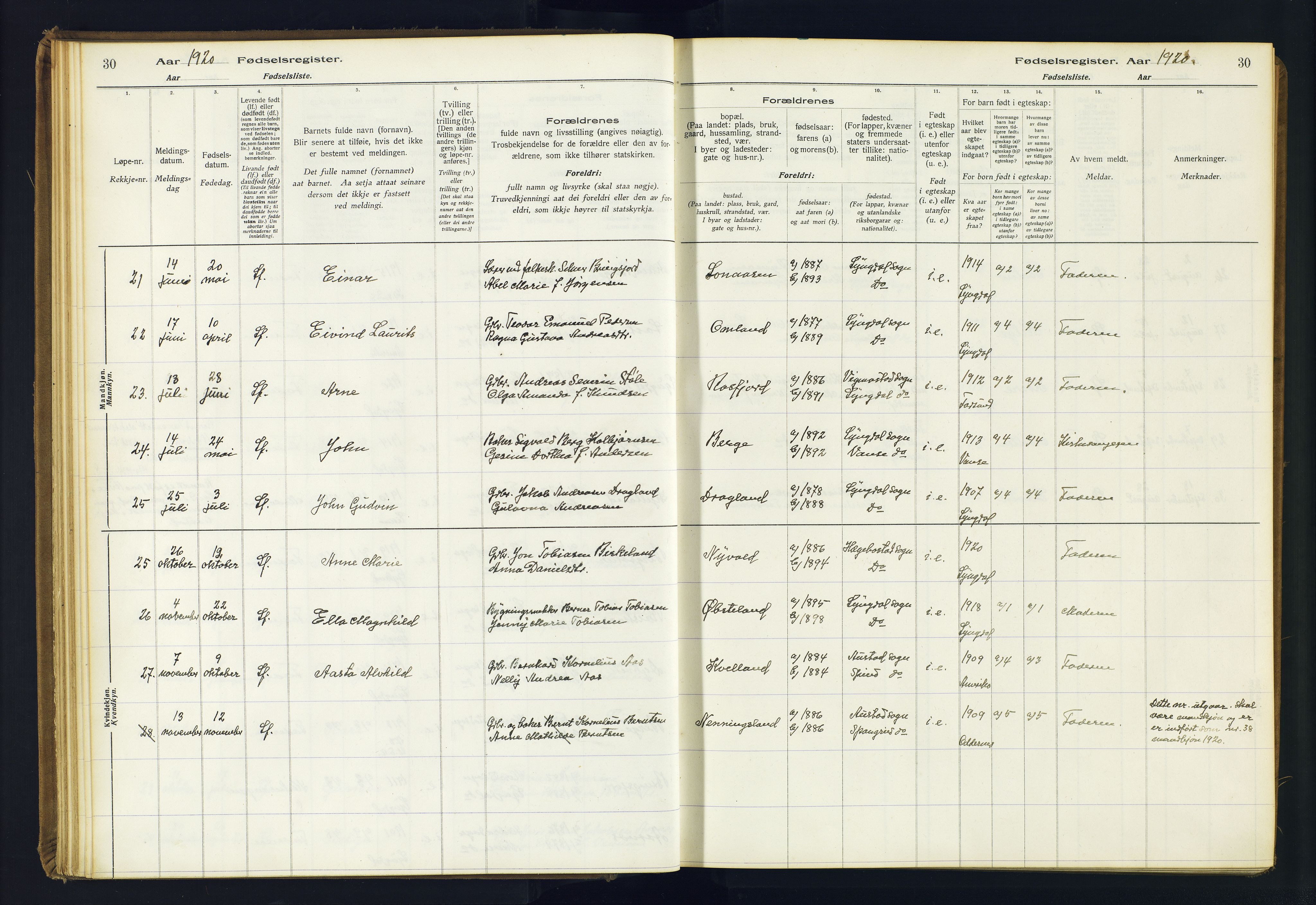 Lyngdal sokneprestkontor, AV/SAK-1111-0029/J/Ja/L0001: Fødselsregister nr. A-VI-26, 1916-1951, s. 30