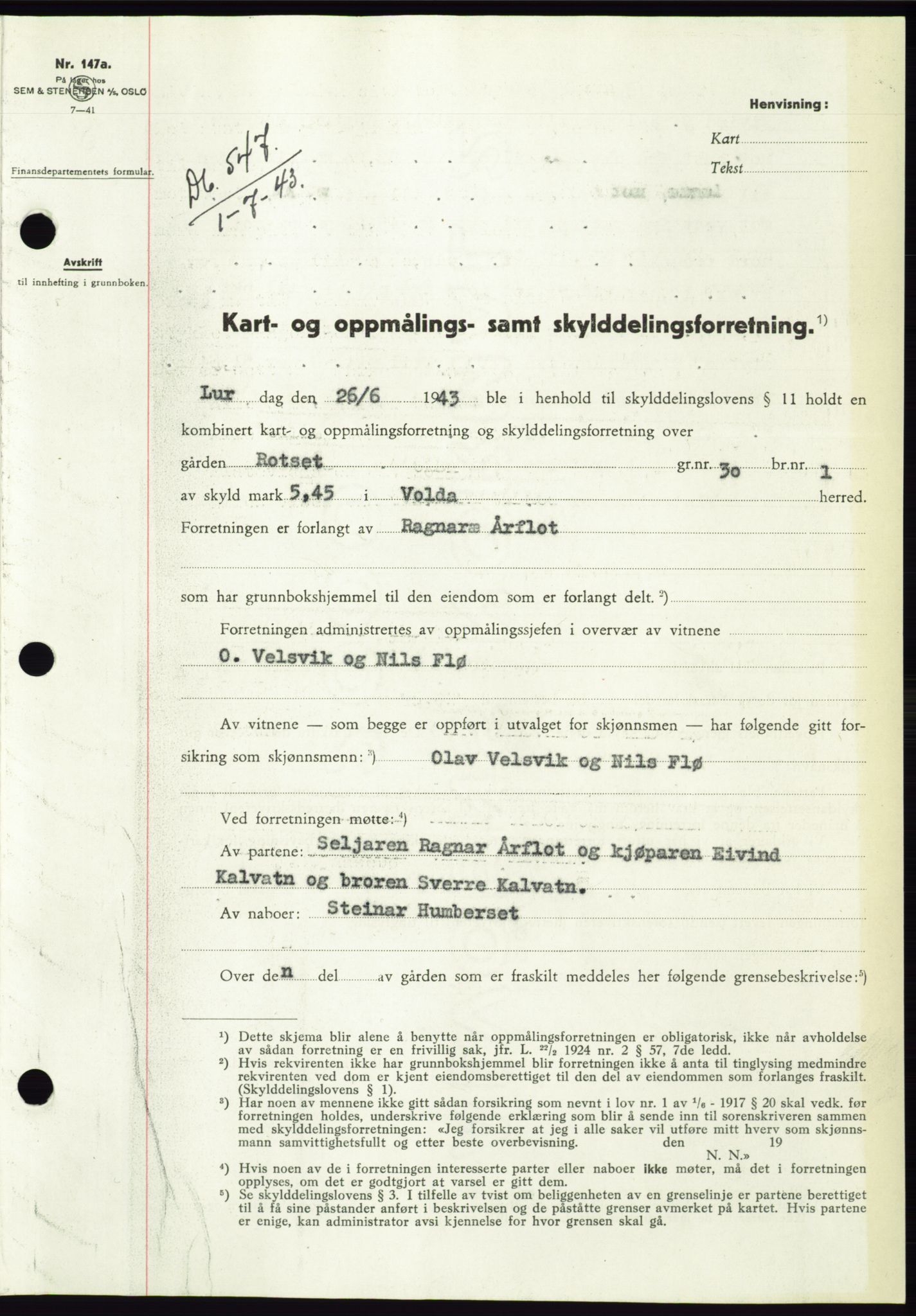 Søre Sunnmøre sorenskriveri, SAT/A-4122/1/2/2C/L0075: Pantebok nr. 1A, 1943-1943, Dagboknr: 547/1943
