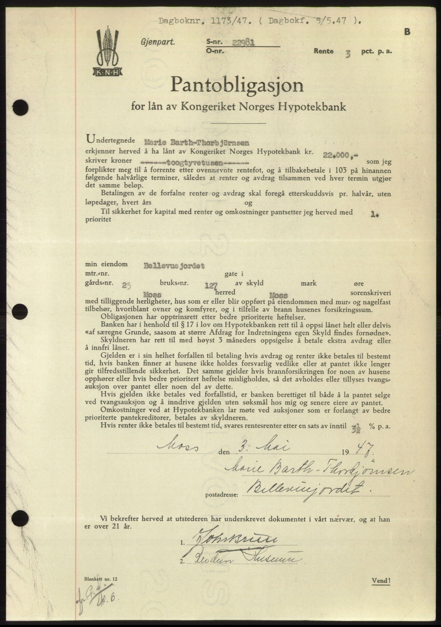 Moss sorenskriveri, SAO/A-10168: Pantebok nr. B17, 1947-1947, Dagboknr: 1173/1947