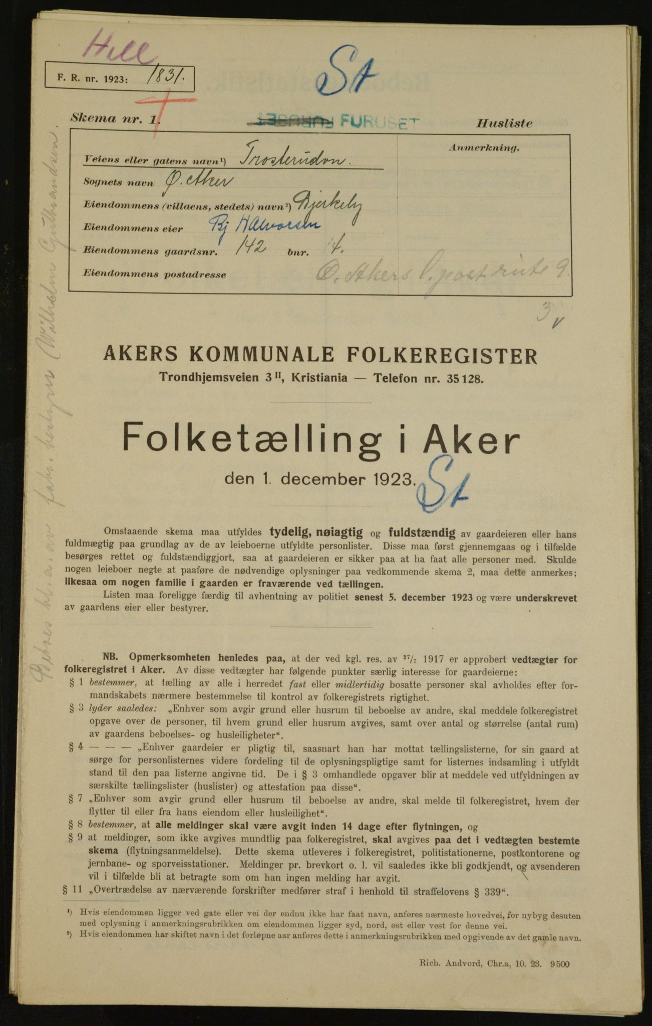 , Kommunal folketelling 1.12.1923 for Aker, 1923, s. 34161