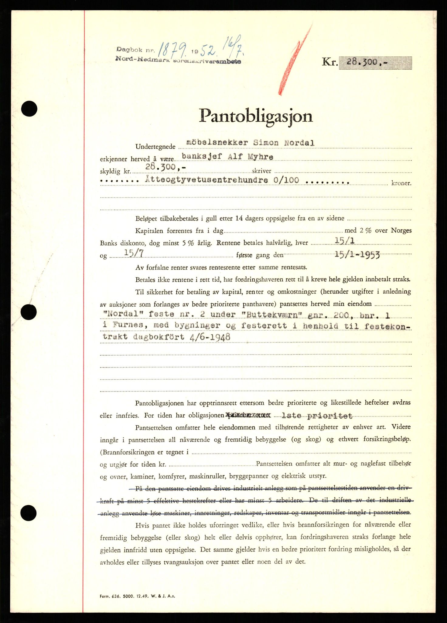 Nord-Hedmark sorenskriveri, SAH/TING-012/H/Hb/Hbf/L0025: Pantebok nr. B25, 1952-1952, Dagboknr: 1879/1952