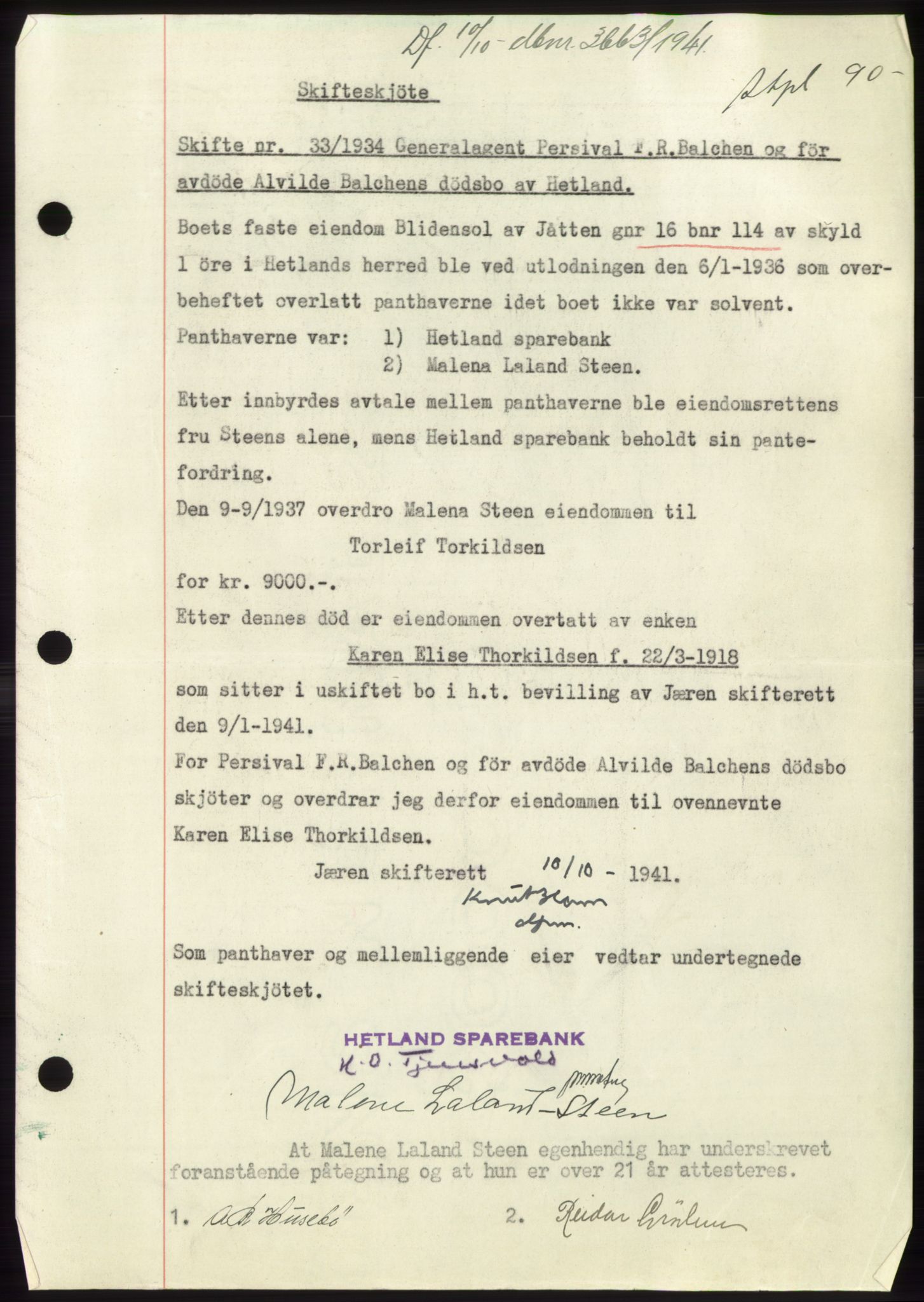 Jæren sorenskriveri, SAST/A-100310/03/G/Gba/L0081: Pantebok, 1941-1941, Dagboknr: 3663/1941
