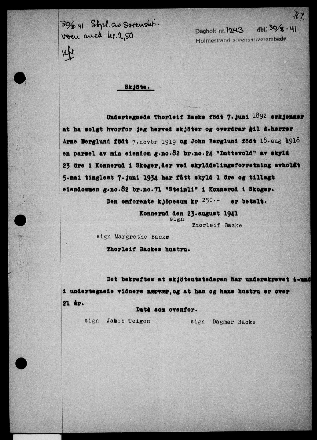 Holmestrand sorenskriveri, SAKO/A-67/G/Ga/Gaa/L0053: Pantebok nr. A-53, 1941-1941, Dagboknr: 1243/1941