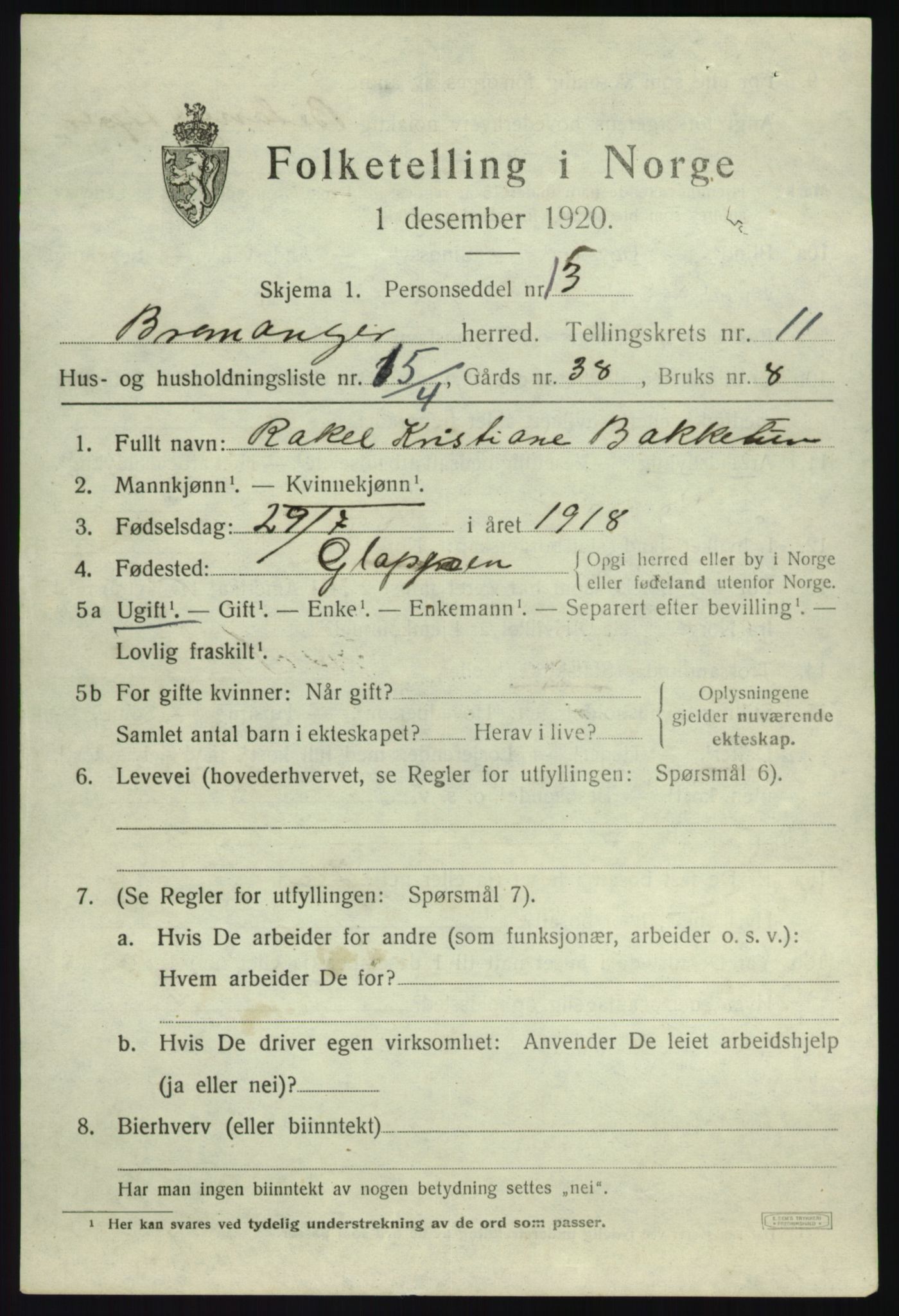 SAB, Folketelling 1920 for 1438 Bremanger herred, 1920, s. 6030