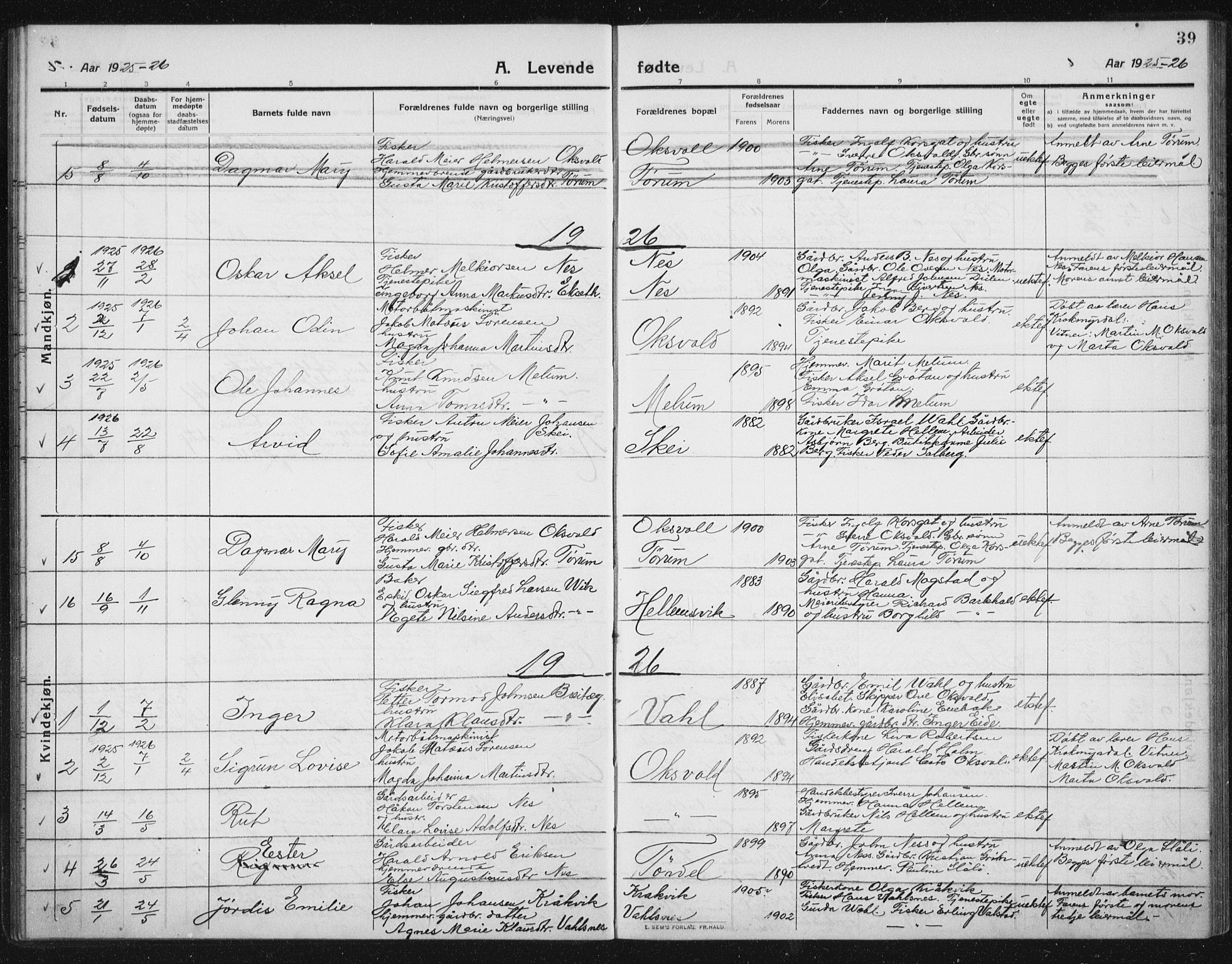 Ministerialprotokoller, klokkerbøker og fødselsregistre - Sør-Trøndelag, AV/SAT-A-1456/652/L0654: Klokkerbok nr. 652C02, 1910-1937, s. 39