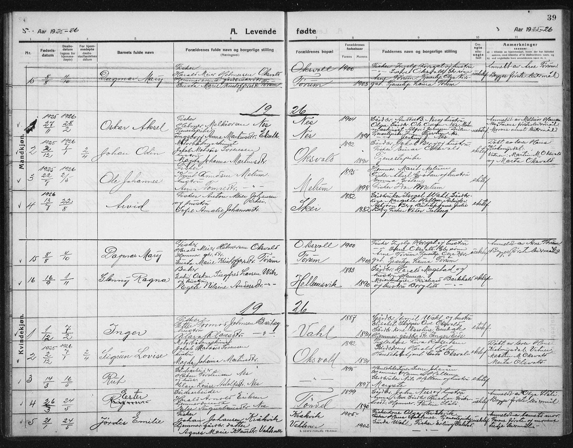 Ministerialprotokoller, klokkerbøker og fødselsregistre - Sør-Trøndelag, SAT/A-1456/652/L0654: Klokkerbok nr. 652C02, 1910-1937, s. 39