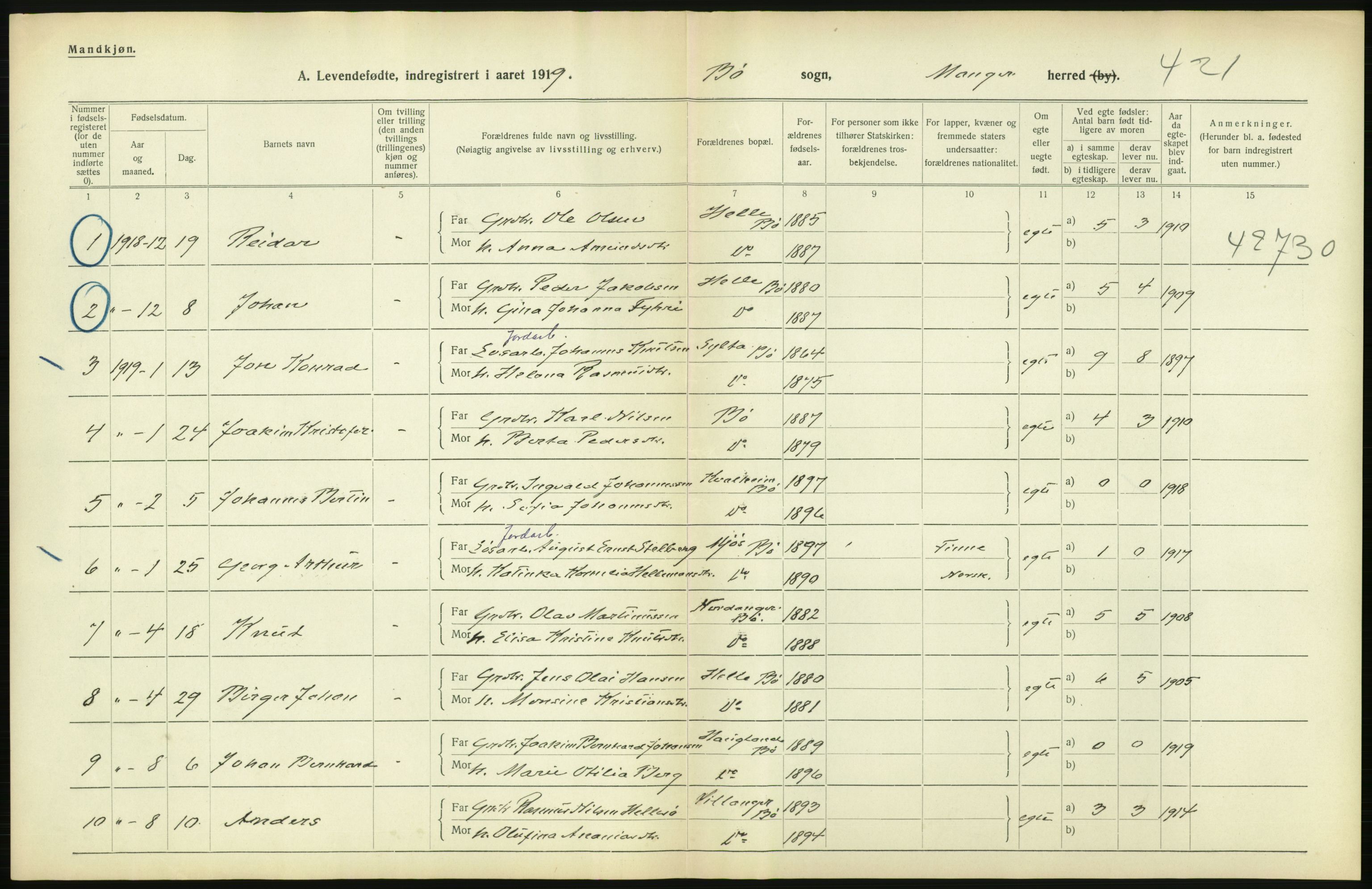 Statistisk sentralbyrå, Sosiodemografiske emner, Befolkning, RA/S-2228/D/Df/Dfb/Dfbi/L0031: Hordaland fylke: Levendefødte menn og kvinner. Bygder., 1919, s. 12