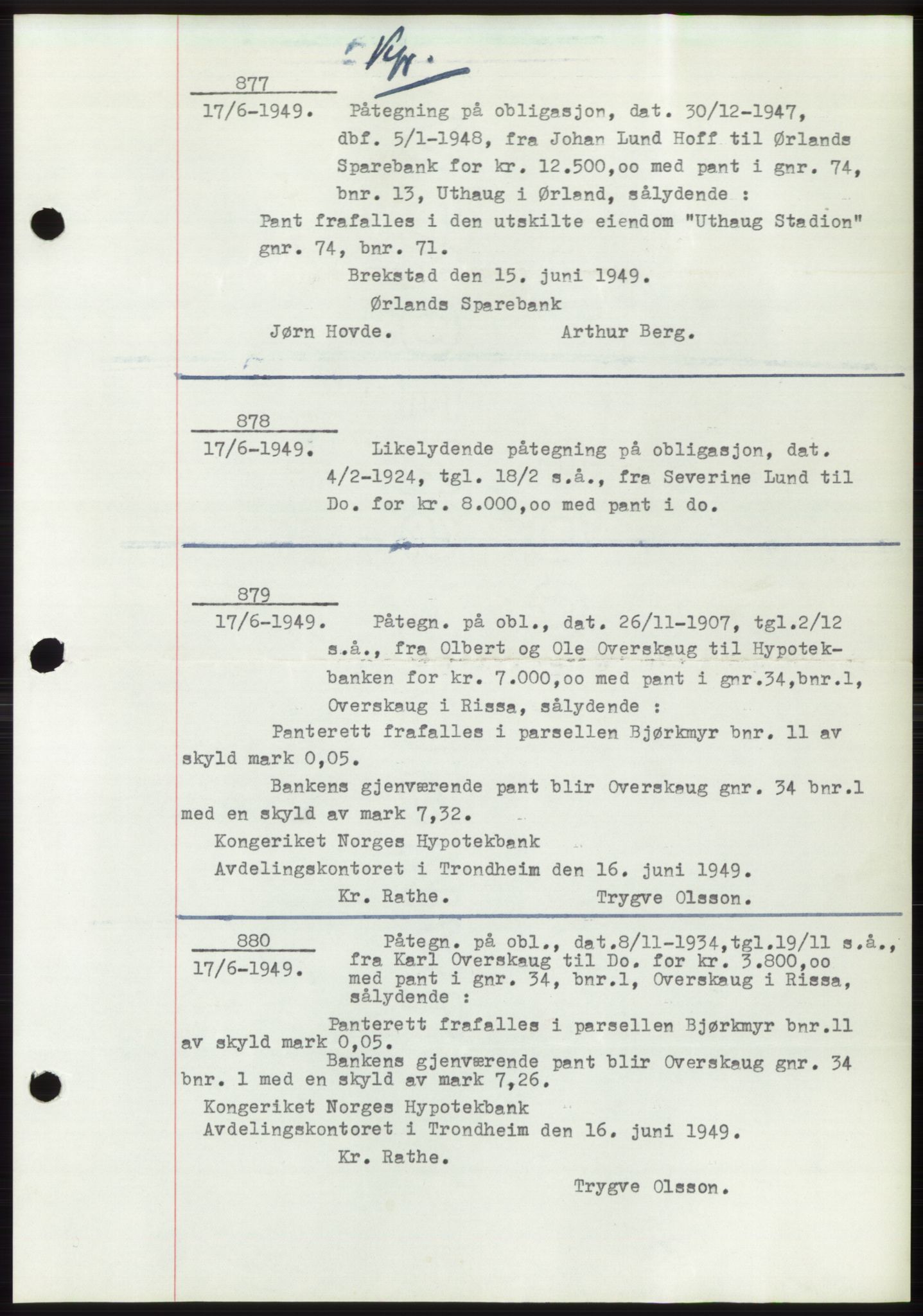Fosen sorenskriveri, AV/SAT-A-1107/1/2/2C: Pantebok nr. B3, 1948-1950, Dagboknr: 877/1949