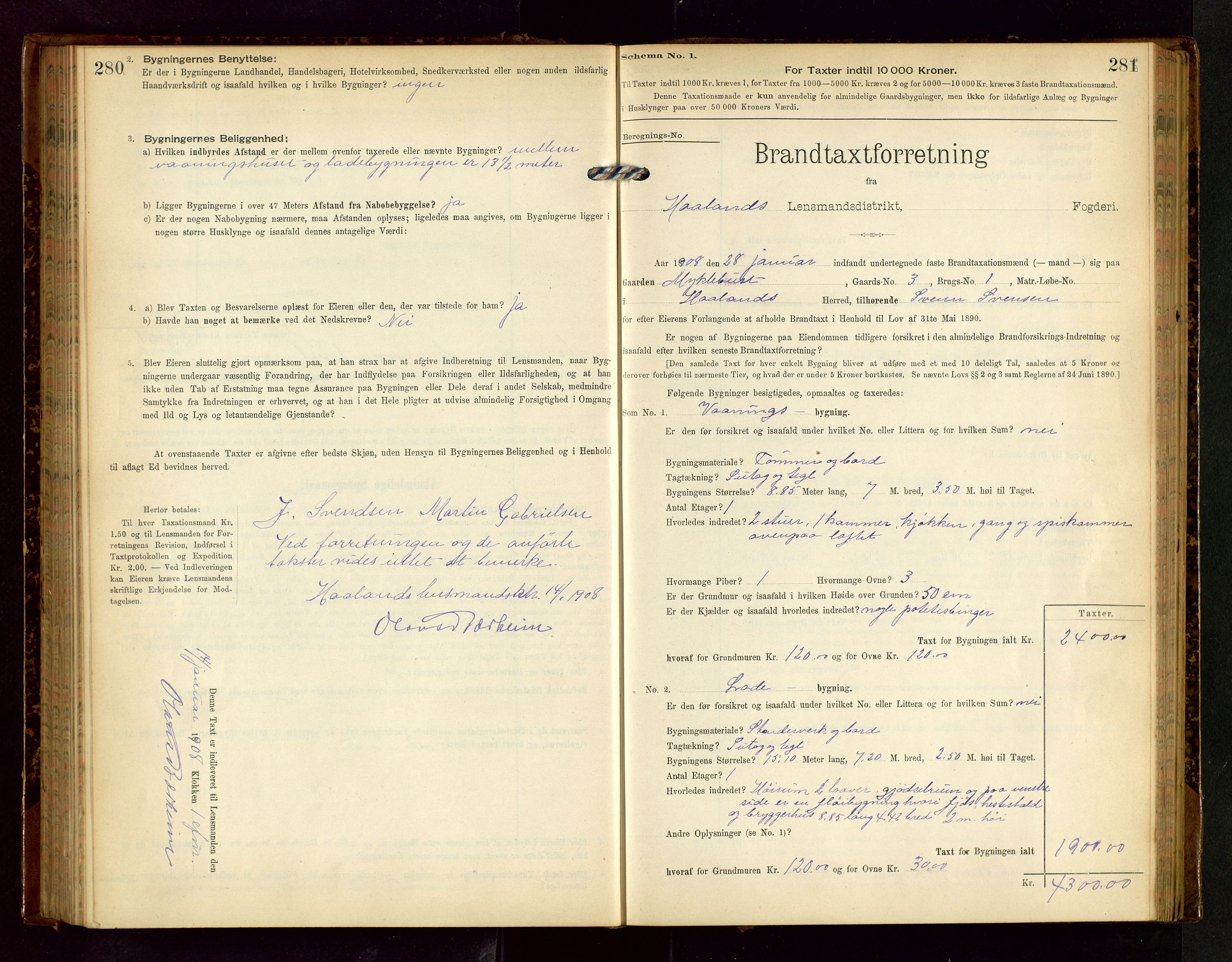 Håland lensmannskontor, AV/SAST-A-100100/Gob/L0002: Branntakstprotokoll - skjematakst. Register i boken., 1902-1906, s. 280-281