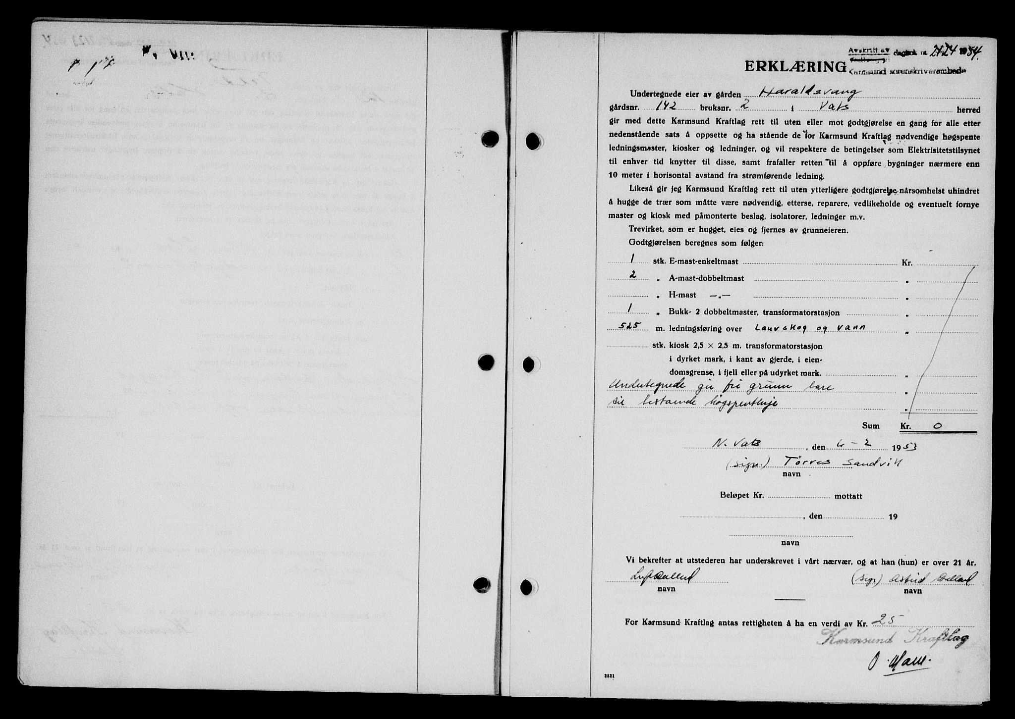 Karmsund sorenskriveri, SAST/A-100311/01/II/IIB/L0113: Pantebok nr. 93A, 1954-1954, Dagboknr: 2124/1954