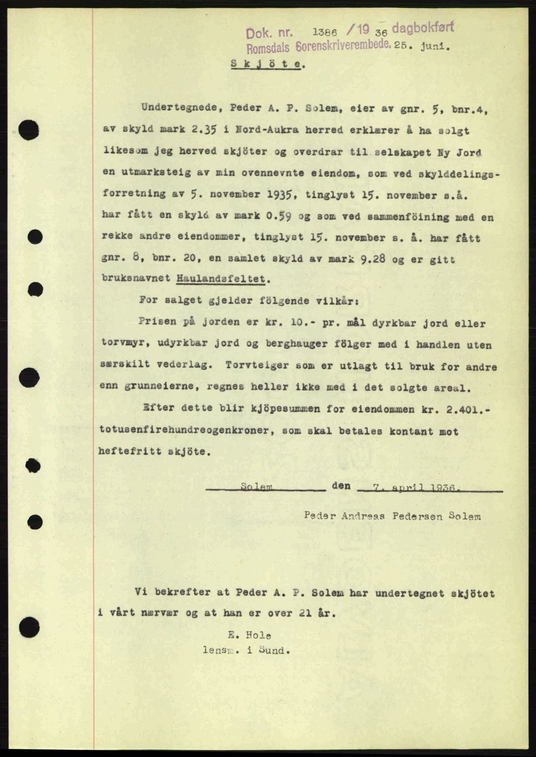 Romsdal sorenskriveri, SAT/A-4149/1/2/2C: Pantebok nr. A1, 1936-1936, Dagboknr: 1386/1936