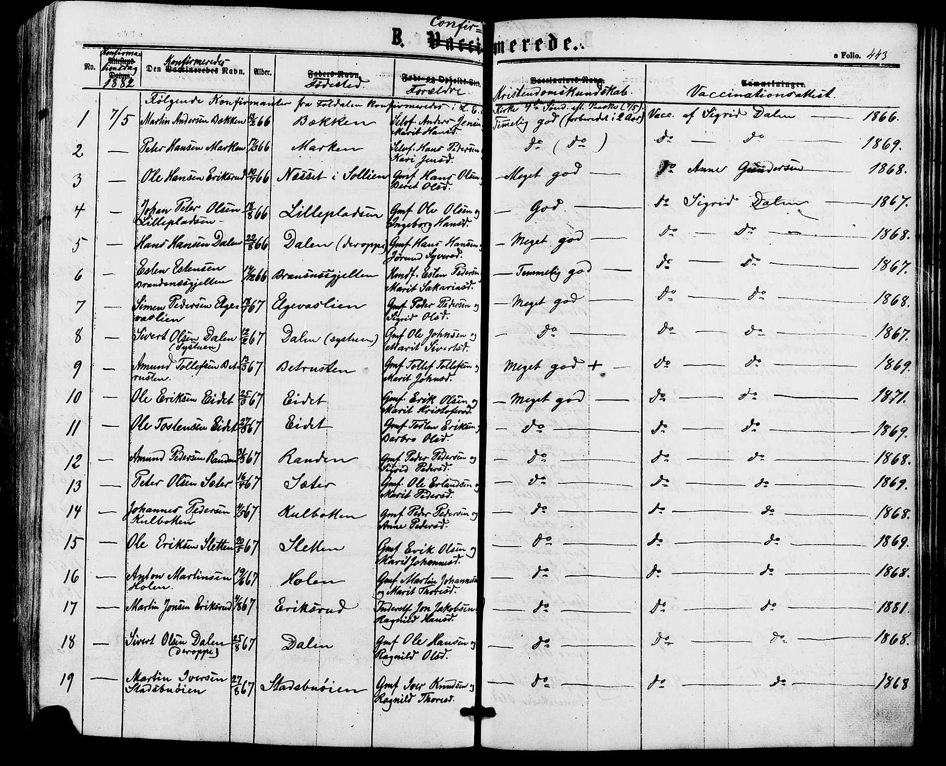 Alvdal prestekontor, AV/SAH-PREST-060/H/Ha/Haa/L0001: Ministerialbok nr. 1, 1863-1882, s. 443