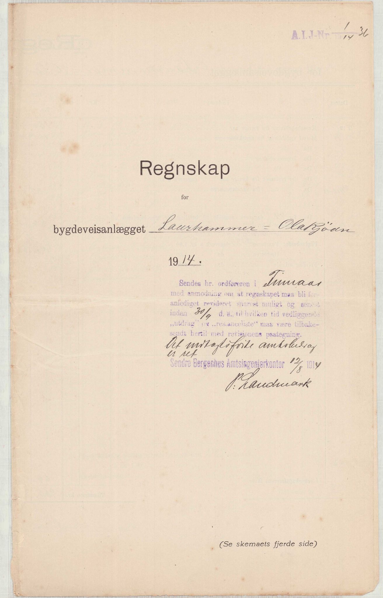 Finnaas kommune. Formannskapet, IKAH/1218a-021/E/Ea/L0001/0004: Rekneskap for veganlegg / Rekneskap for veganlegget Laurhammer - Olakjødn, 1913-1916, s. 13