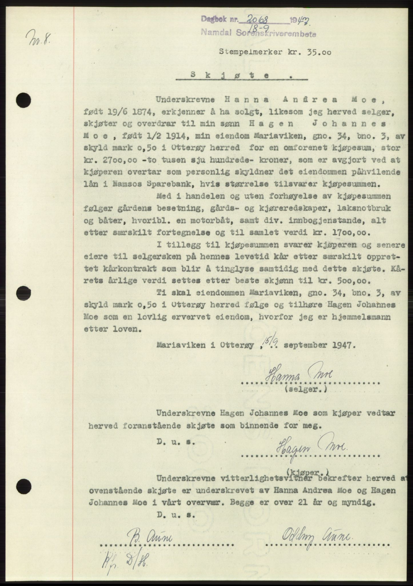 Namdal sorenskriveri, SAT/A-4133/1/2/2C: Pantebok nr. -, 1947-1947, Dagboknr: 2068/1947