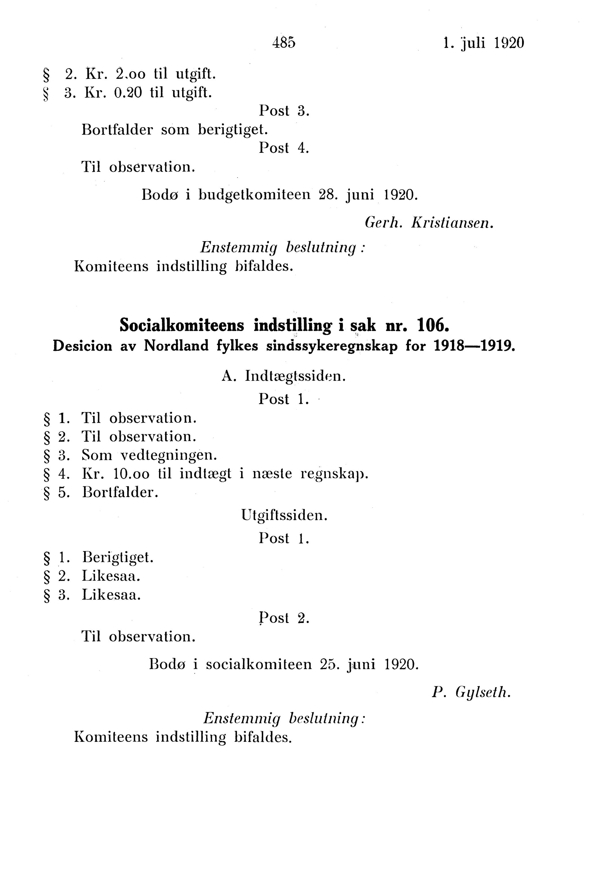 Nordland Fylkeskommune. Fylkestinget, AIN/NFK-17/176/A/Ac/L0043: Fylkestingsforhandlinger 1920, 1920