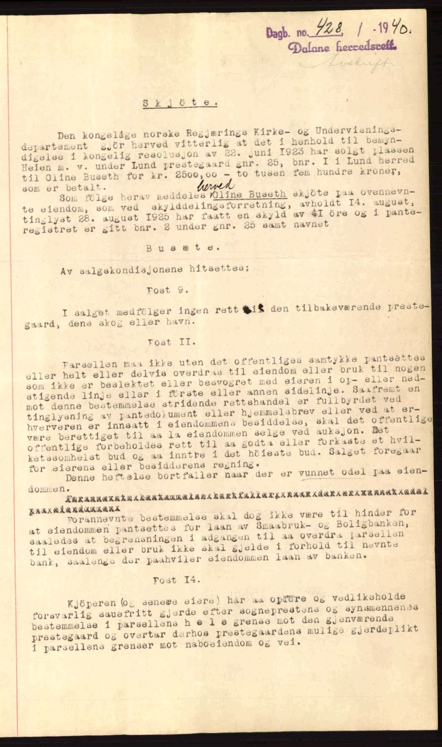 Dalane sorenskriveri, SAST/A-100309/02/G/Gb/L0044: Pantebok nr. A5, 1940-1941, Dagboknr: 428/1940