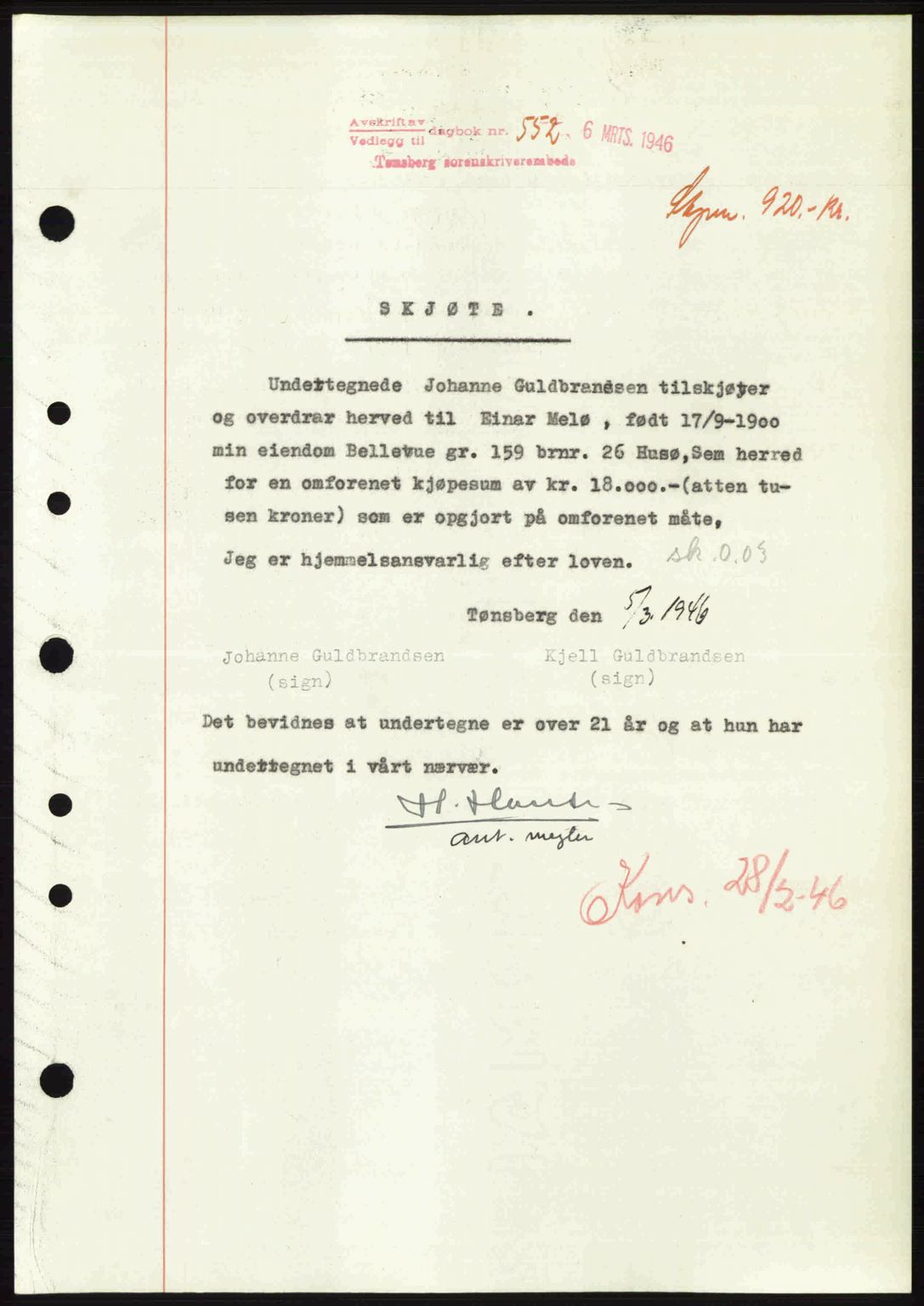 Jarlsberg sorenskriveri, SAKO/A-131/G/Ga/Gaa/L0018b: Pantebok nr. A-18b, 1946-1946, Dagboknr: 552/1946