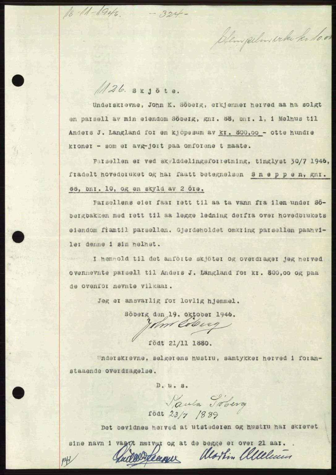 Gauldal sorenskriveri, SAT/A-0014/1/2/2C: Pantebok nr. A2, 1946-1946, Dagboknr: 1126/1946