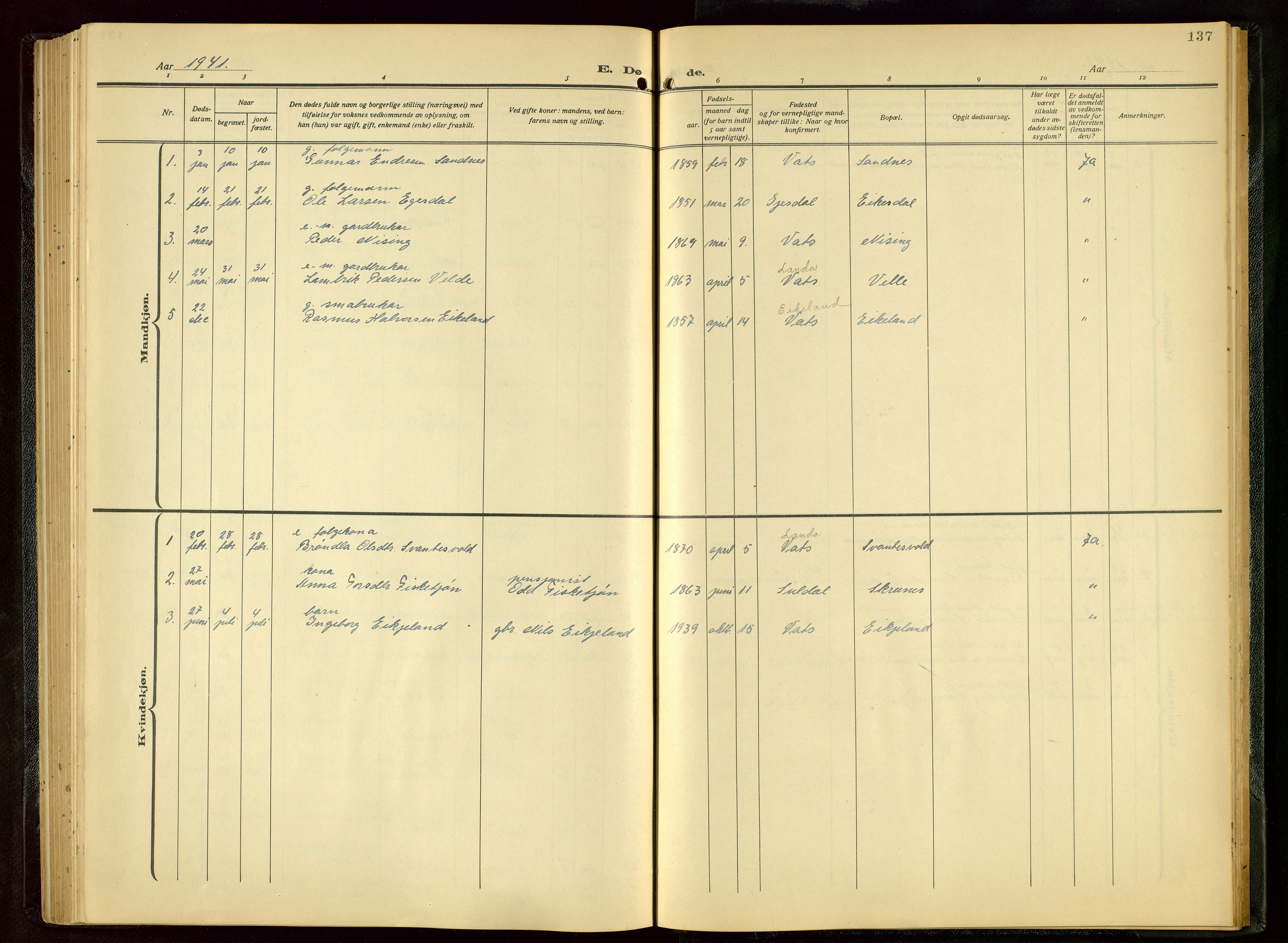 Skjold sokneprestkontor, SAST/A-101847/H/Ha/Hab/L0011: Klokkerbok nr. B 11, 1922-1951, s. 137