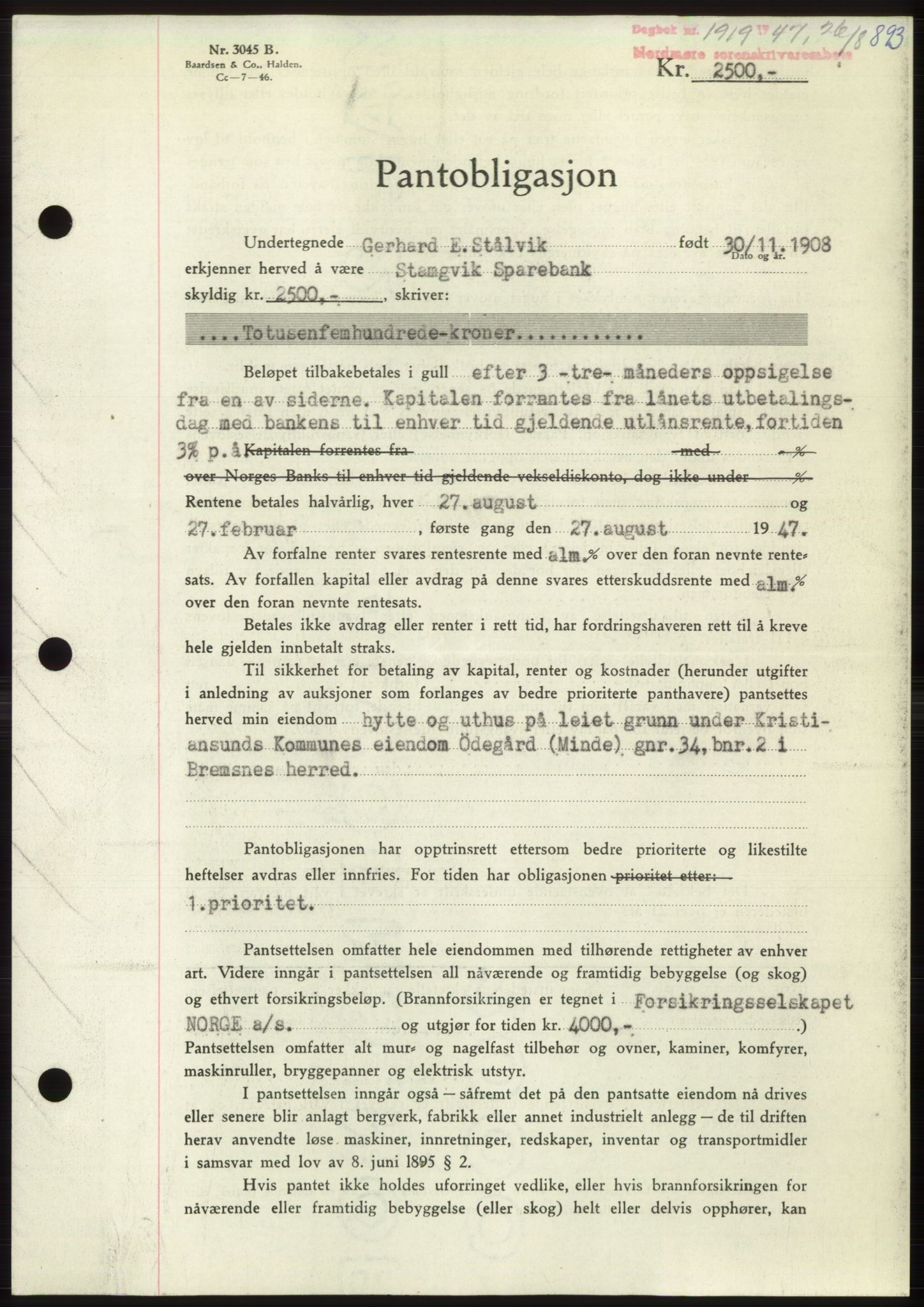 Nordmøre sorenskriveri, SAT/A-4132/1/2/2Ca: Pantebok nr. B96, 1947-1947, Dagboknr: 1919/1947