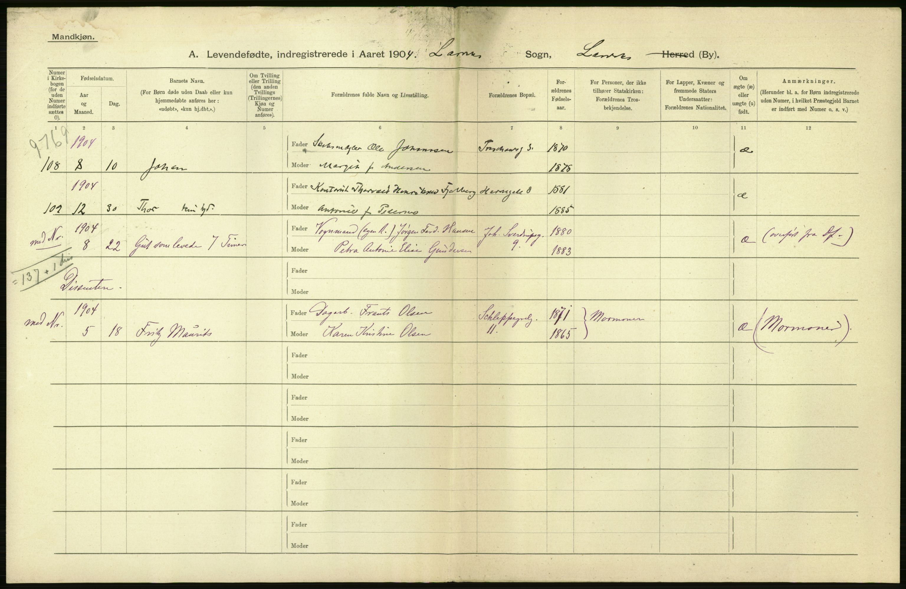 Statistisk sentralbyrå, Sosiodemografiske emner, Befolkning, AV/RA-S-2228/D/Df/Dfa/Dfab/L0008: Jarlsberg og Larvig amt: Fødte, gifte, døde, 1904, s. 264