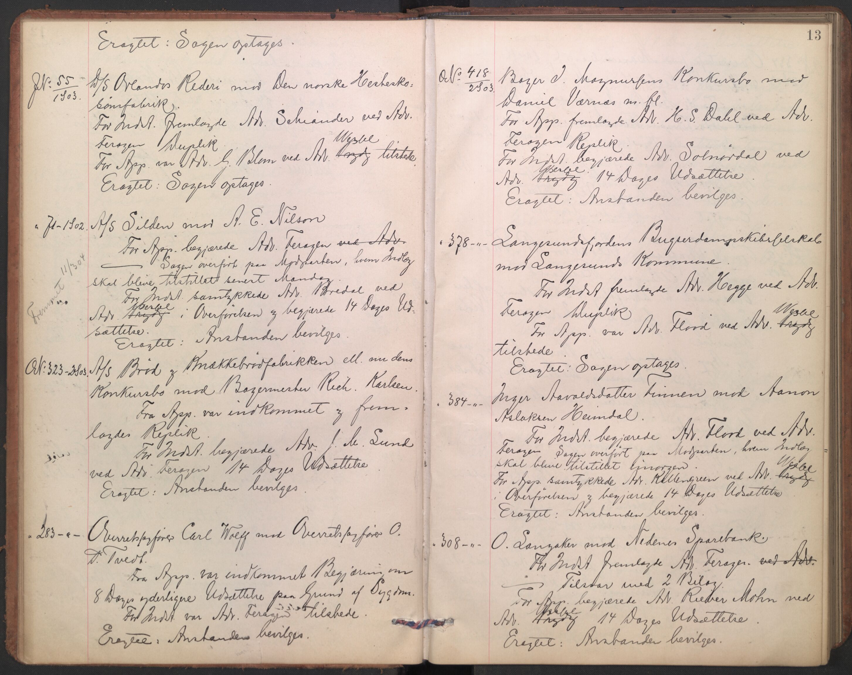 Høyesterett, AV/RA-S-1002/E/Ef/L0021: Protokoll over saker som gikk til skriftlig behandling, 1904-1907, s. 12b-13a