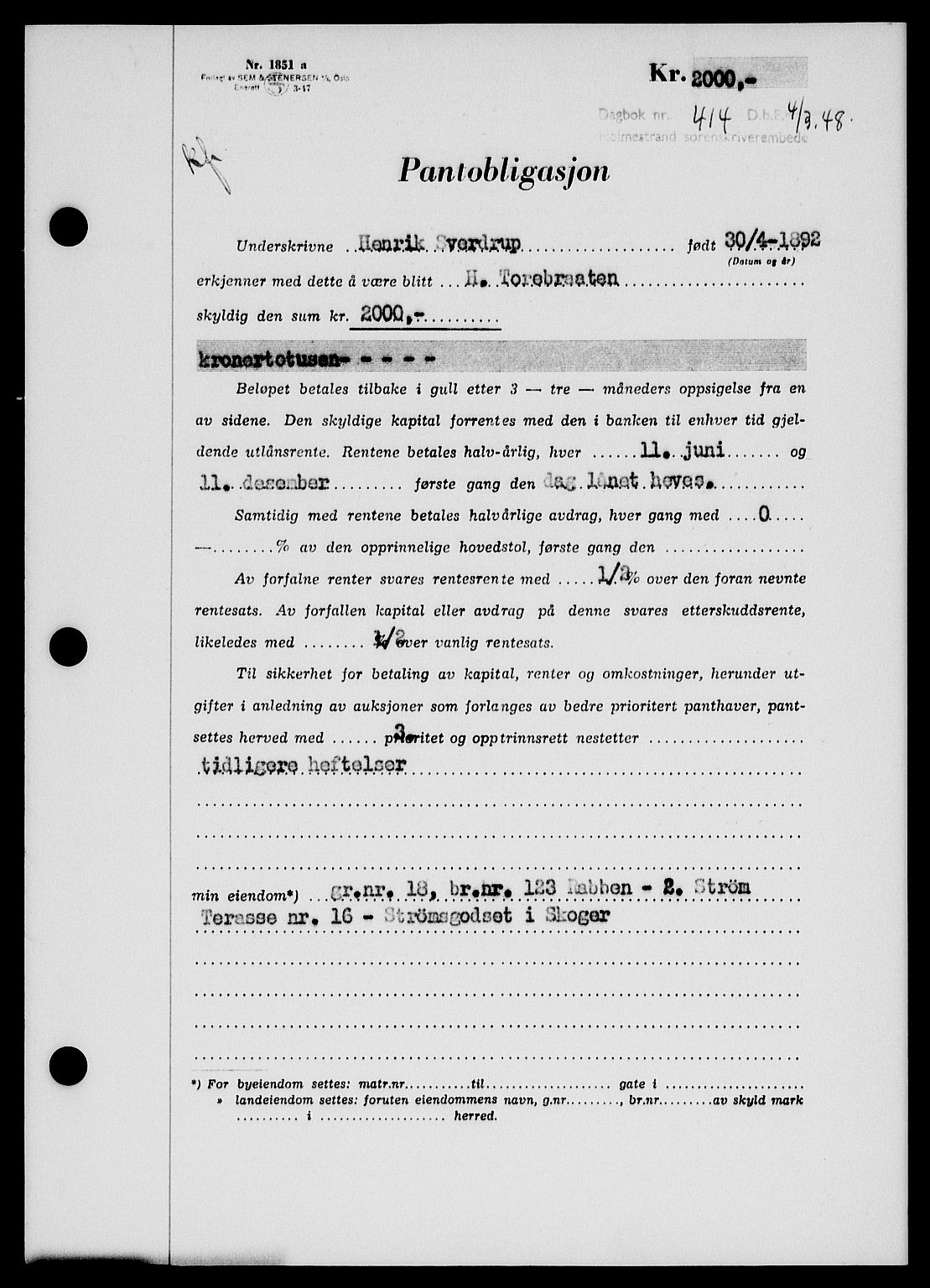 Holmestrand sorenskriveri, SAKO/A-67/G/Ga/Gab/L0058: Pantebok nr. B-58, 1947-1948, Dagboknr: 414/1948