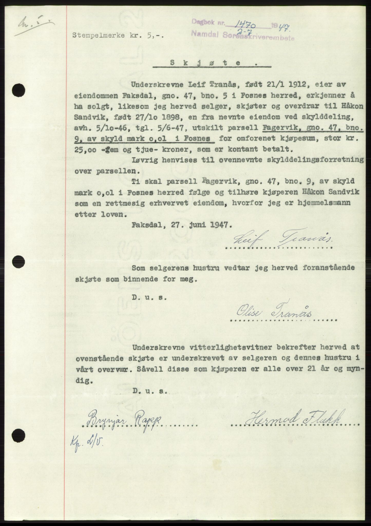 Namdal sorenskriveri, SAT/A-4133/1/2/2C: Pantebok nr. -, 1947-1947, Dagboknr: 1470/1947