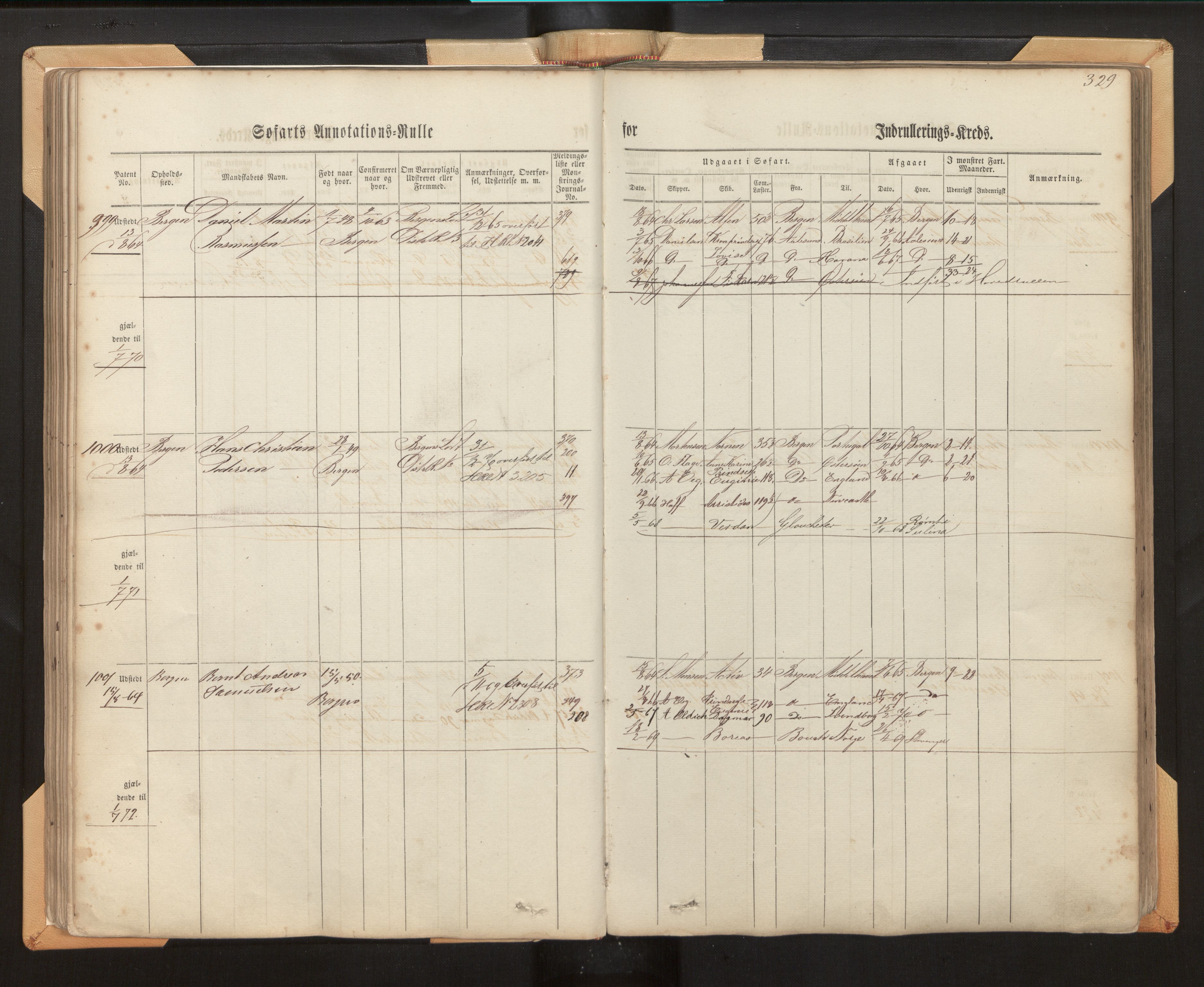 Innrulleringssjefen i Bergen, SAB/A-100050/F/Fh/L0006: Sjøfarts- og annotasjonsrulle for Bergen krets, fol. 239 - ut, 1860-1867, s. 329