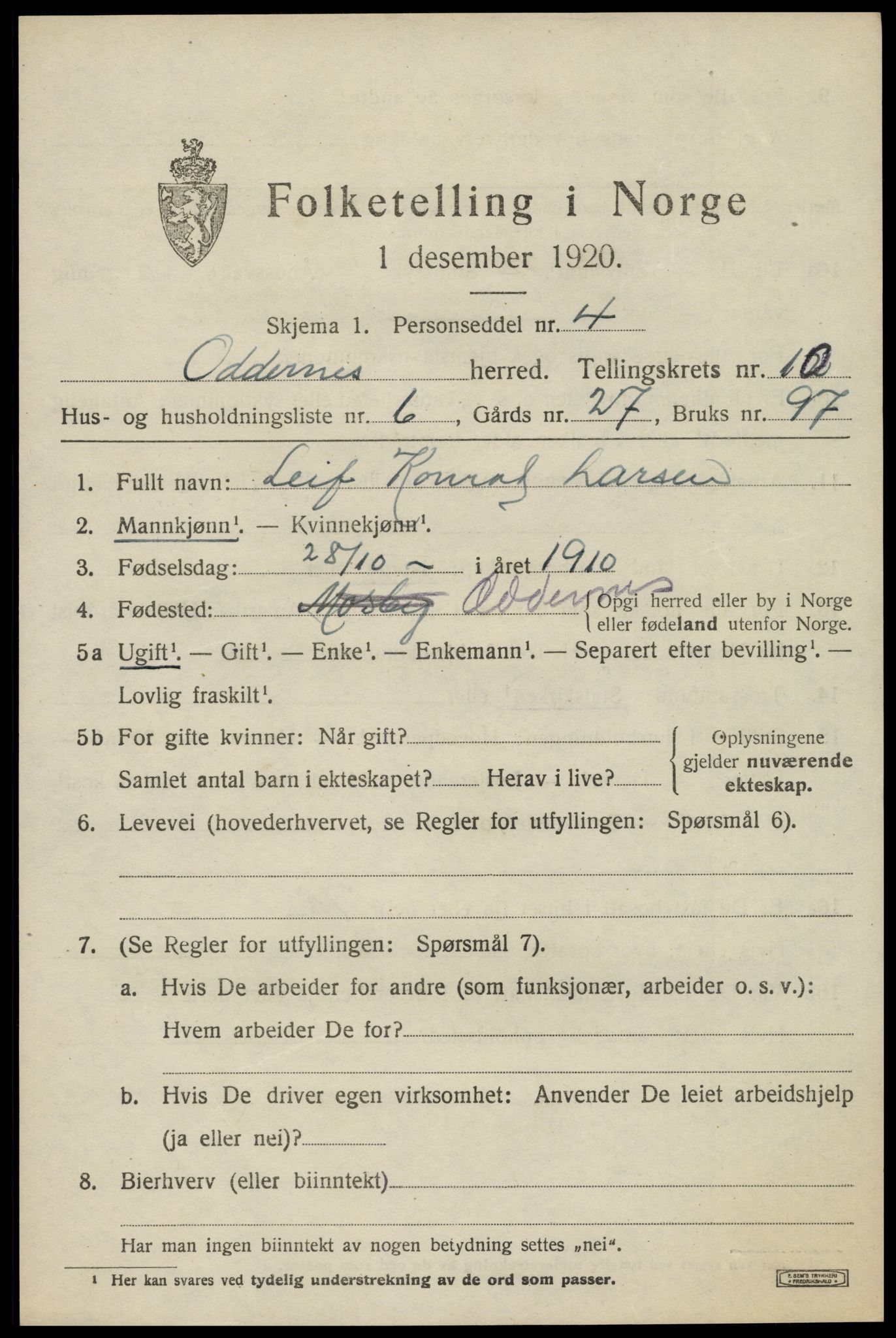 SAK, Folketelling 1920 for 1012 Oddernes herred, 1920, s. 6431