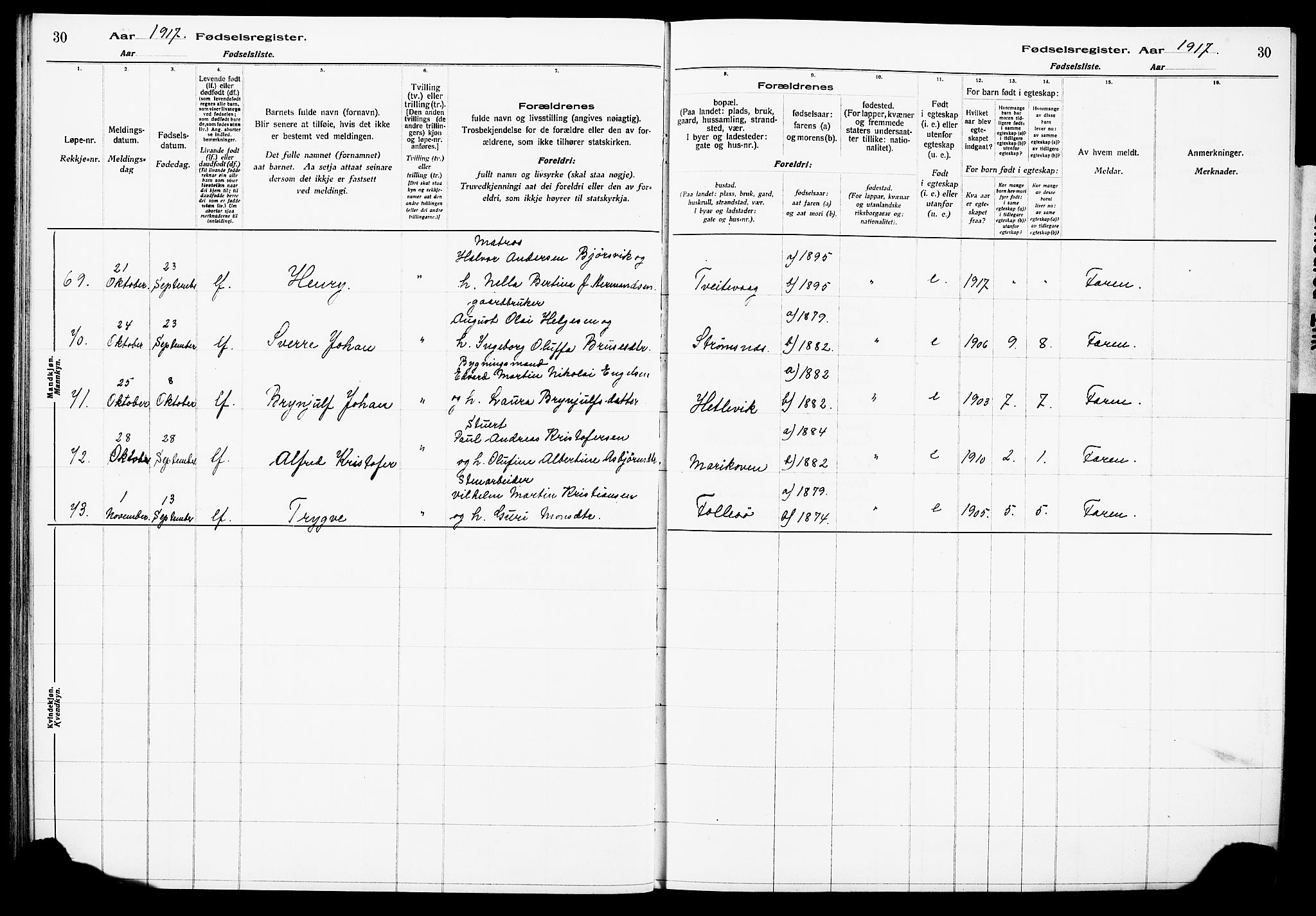 Askøy Sokneprestembete, AV/SAB-A-74101/I/Id/L00A1: Fødselsregister nr. A 1, 1916-1928, s. 30