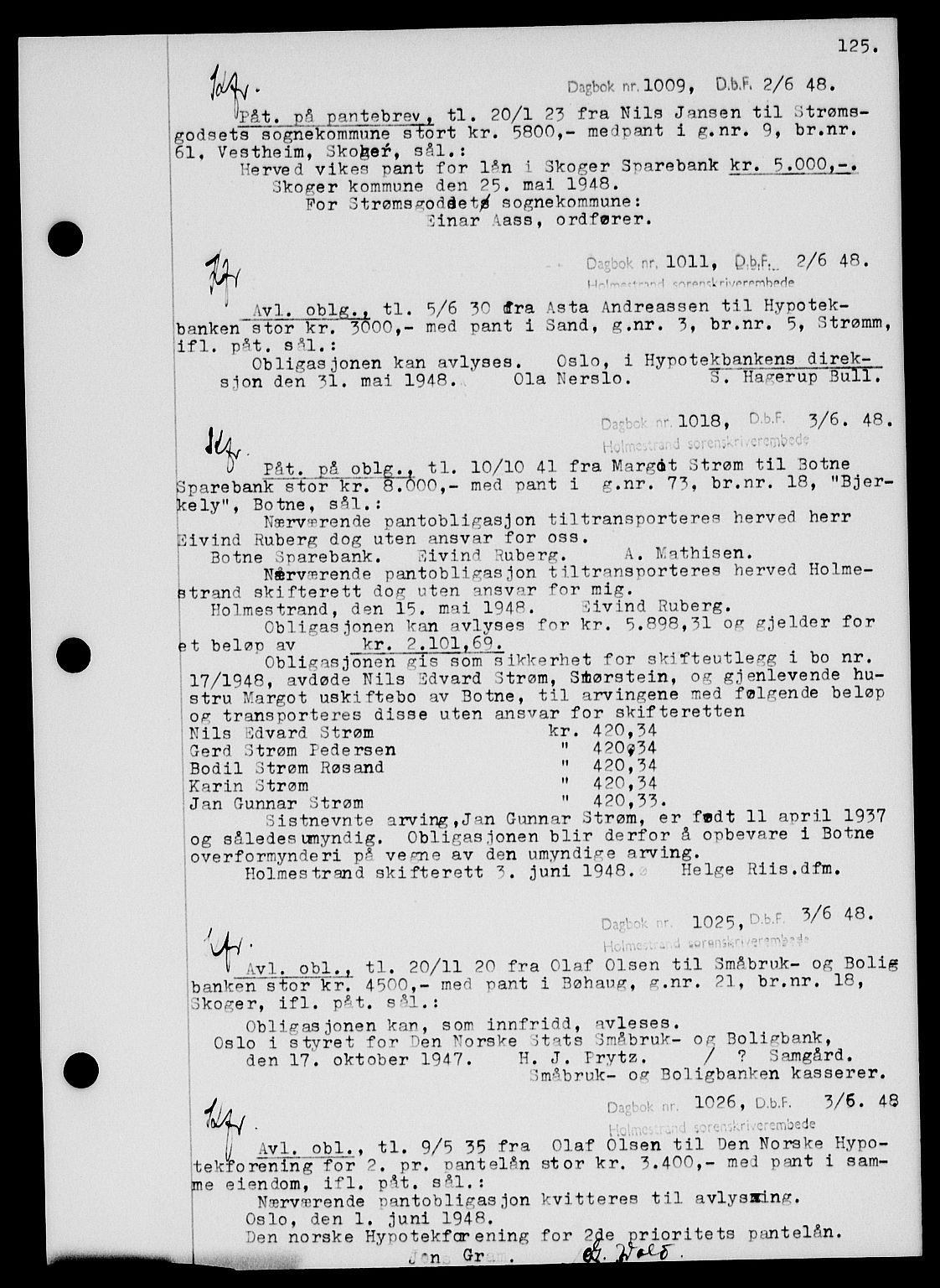Holmestrand sorenskriveri, SAKO/A-67/G/Ga/Gab/L0058: Pantebok nr. B-58, 1947-1948, s. 125, Dagboknr: 1009/1948