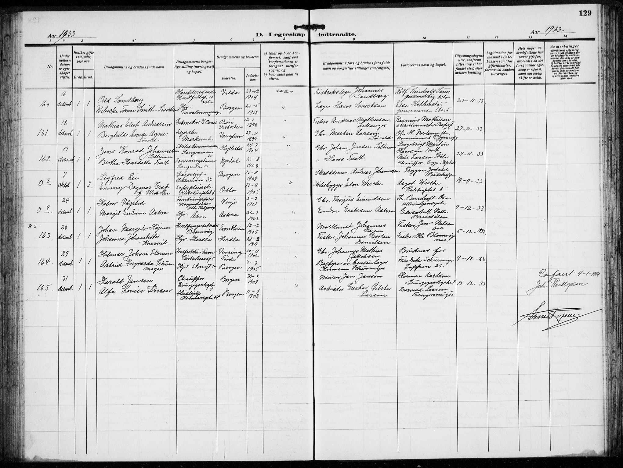 Domkirken sokneprestembete, SAB/A-74801/H/Hab/L0034: Klokkerbok nr. D 6, 1924-1941, s. 129