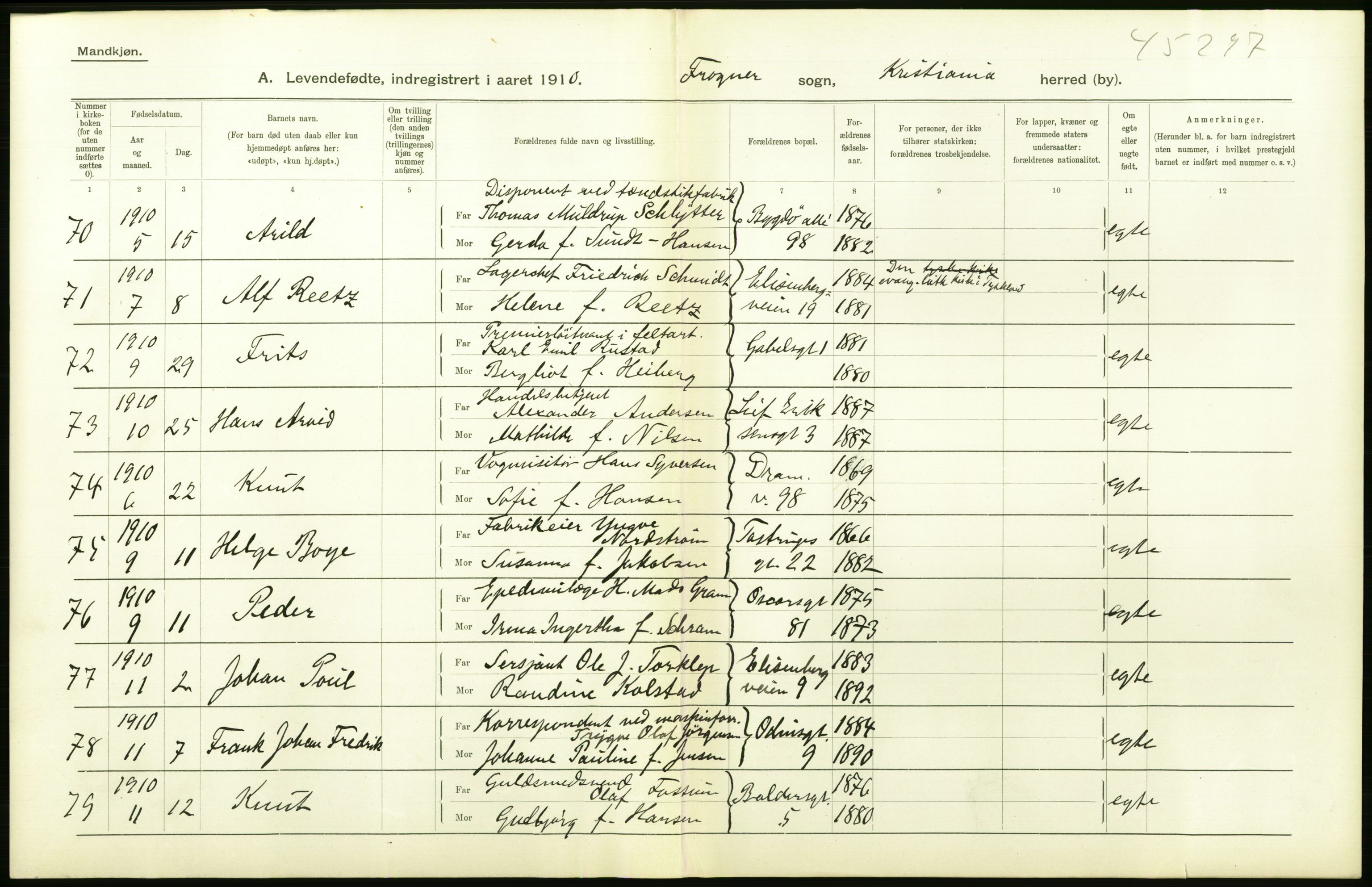 Statistisk sentralbyrå, Sosiodemografiske emner, Befolkning, RA/S-2228/D/Df/Dfa/Dfah/L0006: Kristiania: Levendefødte menn., 1910, s. 588