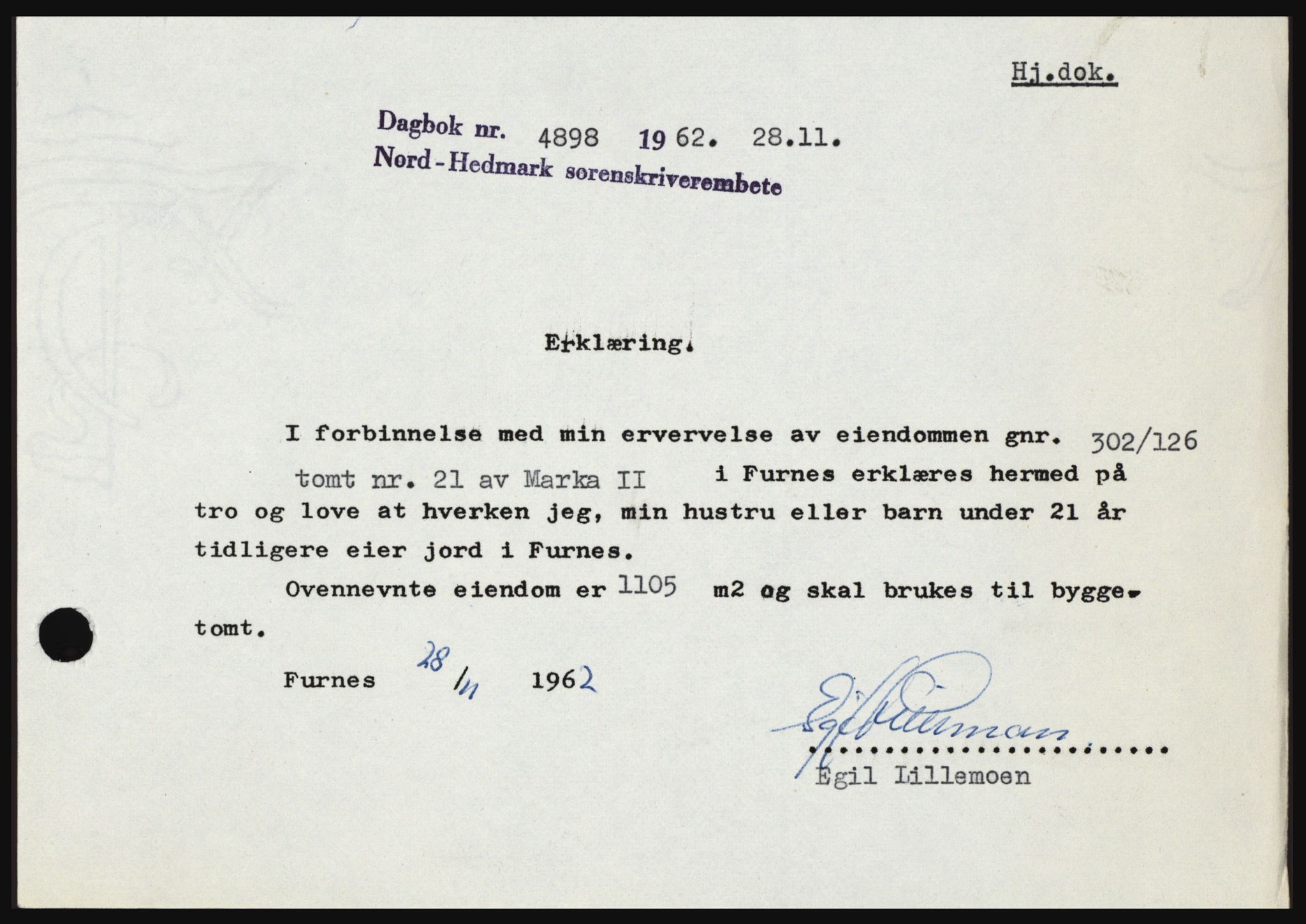 Nord-Hedmark sorenskriveri, SAH/TING-012/H/Hc/L0017: Pantebok nr. 17, 1962-1963, Dagboknr: 4898/1962