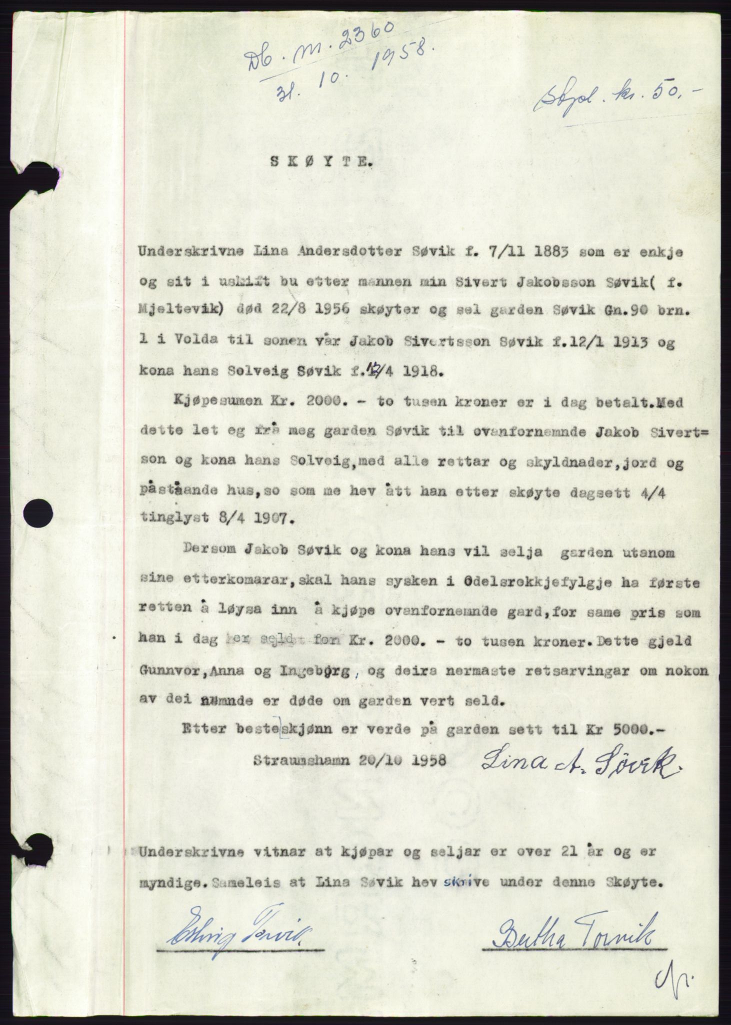 Søre Sunnmøre sorenskriveri, AV/SAT-A-4122/1/2/2C/L0110: Pantebok nr. 36A, 1958-1958, Dagboknr: 2360/1958