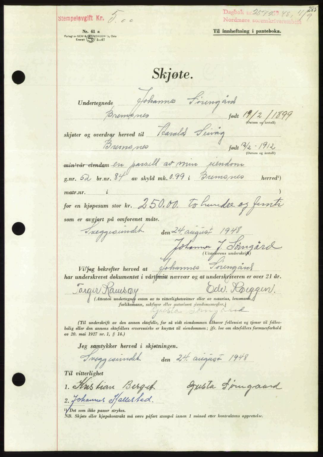 Nordmøre sorenskriveri, AV/SAT-A-4132/1/2/2Ca: Pantebok nr. A109, 1948-1948, Dagboknr: 2572/1948