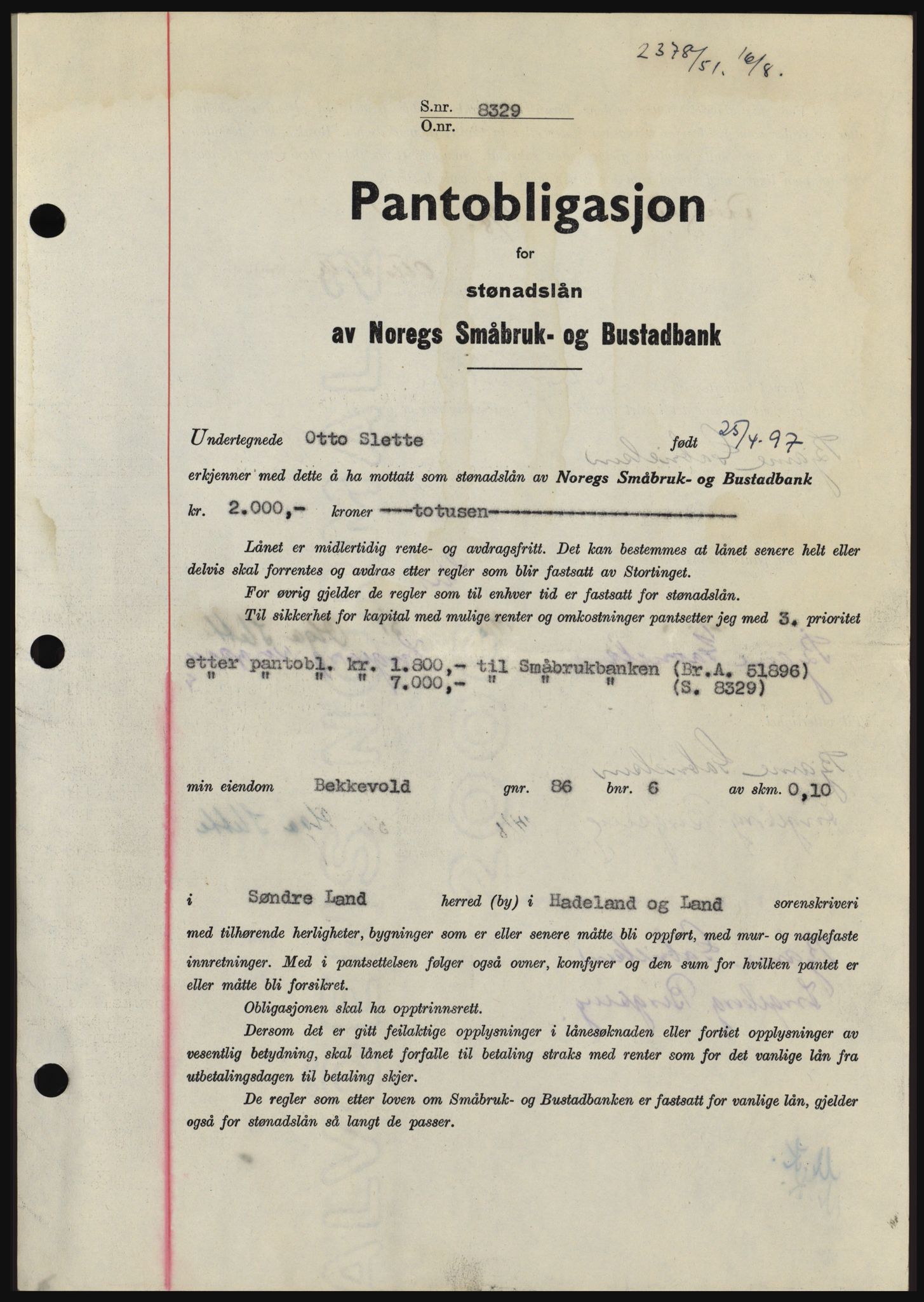 Hadeland og Land tingrett, SAH/TING-010/H/Hb/Hbc/L0022: Pantebok nr. B22, 1951-1951, Dagboknr: 2378/1951