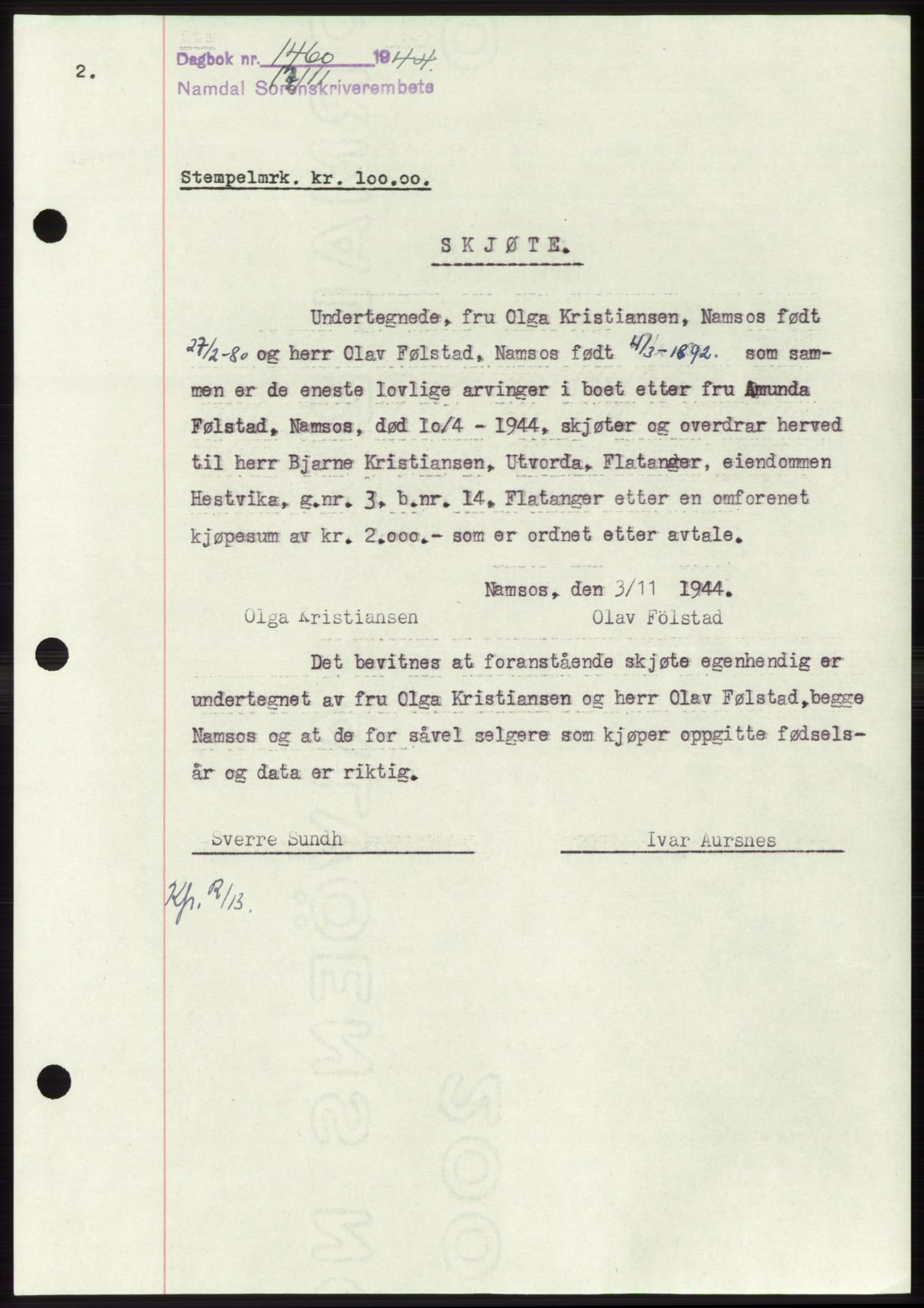 Namdal sorenskriveri, SAT/A-4133/1/2/2C: Pantebok nr. -, 1944-1945, Dagboknr: 1460/1944